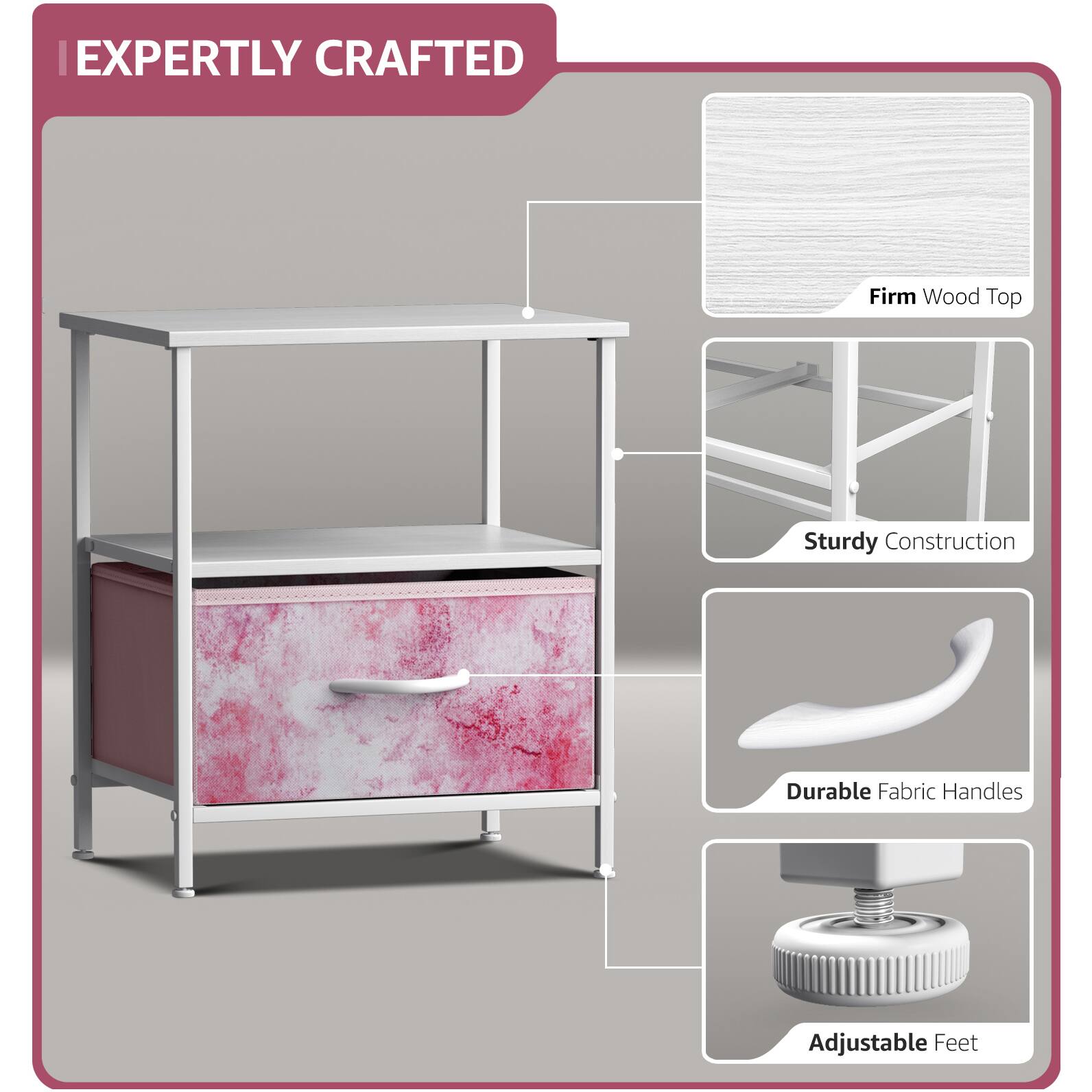 EXPERTLY CRAFTED

- Firm Wood Top
- Sturdy Construction
- Durable Fabric Handles
- Adjustable Feet
