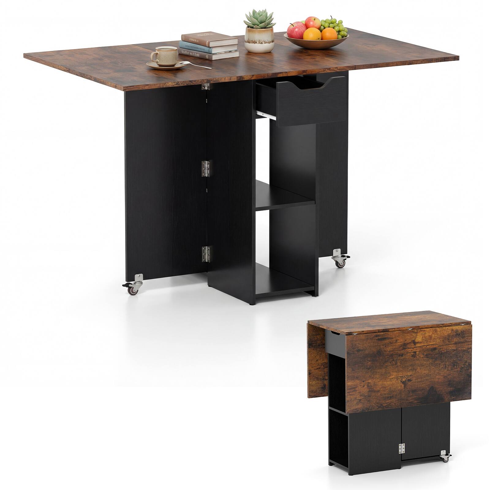 Alt View 9. Gymax - Gymax Folding Dining Table w/2 Open Shelves & Drawer 2 Lockable Universal Wheels Industrial & Black - Brown.