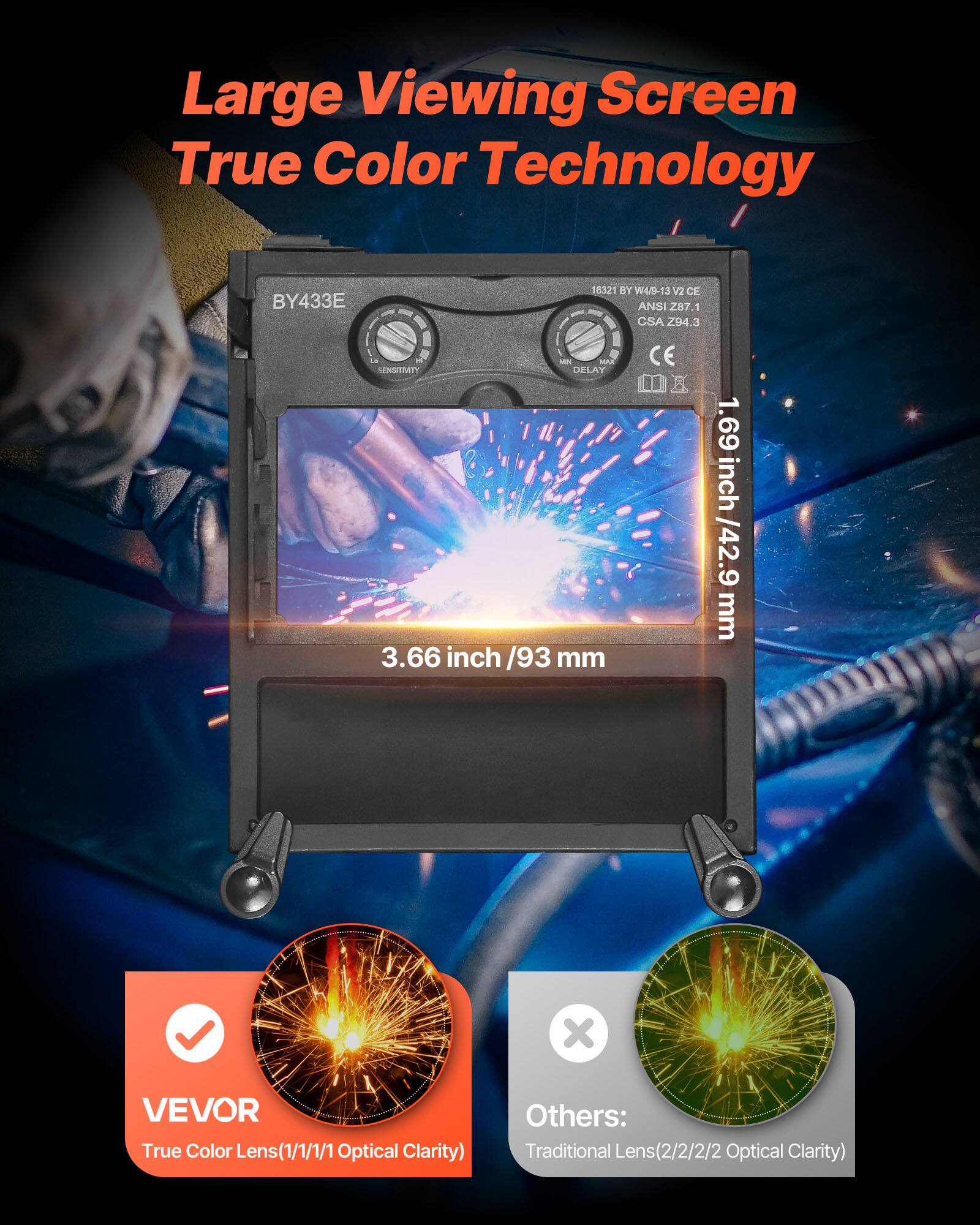 Large Viewing Screen True Color Technology  
BY433E - 16321 BY W49-13 V2 CE ANSI Z87.1 CSA 204  

- SENSITIVITY DELAY  
- 3.66 inch / 93 mm  
- 1.69 inch / 42.9 mm  

VEVOR True Color Lens (1/1/1/1 Optical Clarity)  
Others: Traditional Lens (2/2/2/2 Optical Clarity)