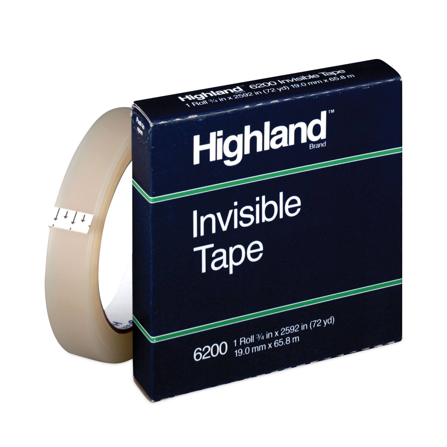 Highland Brand  
Invisible Tape  

6200 Invisible Tape  
1 Roll 3/4 in x 2592 in (72 yd)  
19.0 mm x 65.8 m