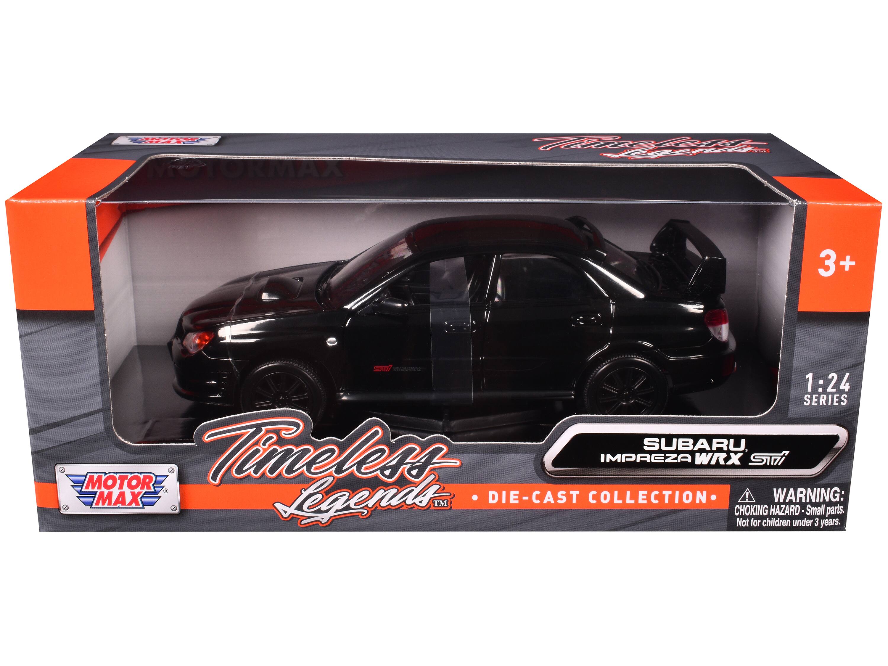 MOTOR MAX  
Timeless Legends  
DIE-CAST COLLECTION  

SUBARU IMPREZA WRX STI  

1:24 SERIES  

WARNING: CHOKING HAZARD - Small parts. Not for children under 3 years.  

3+