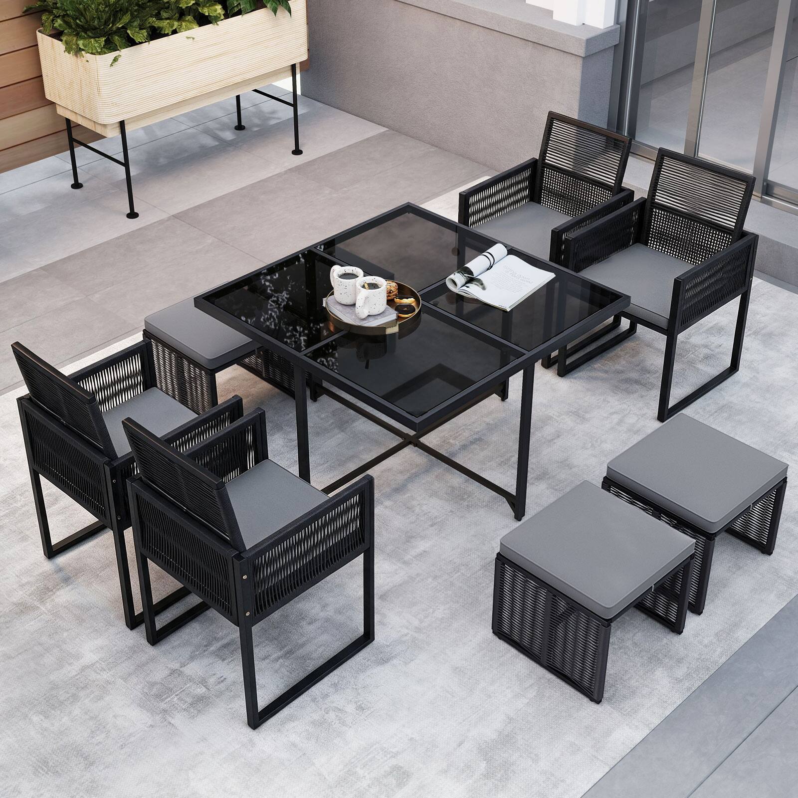 Alt View 3. Costway - Costway 9 PCS Patio Dining Set with PE Rattan Chairs Tempered Glass Table and Ottomans - Black.
