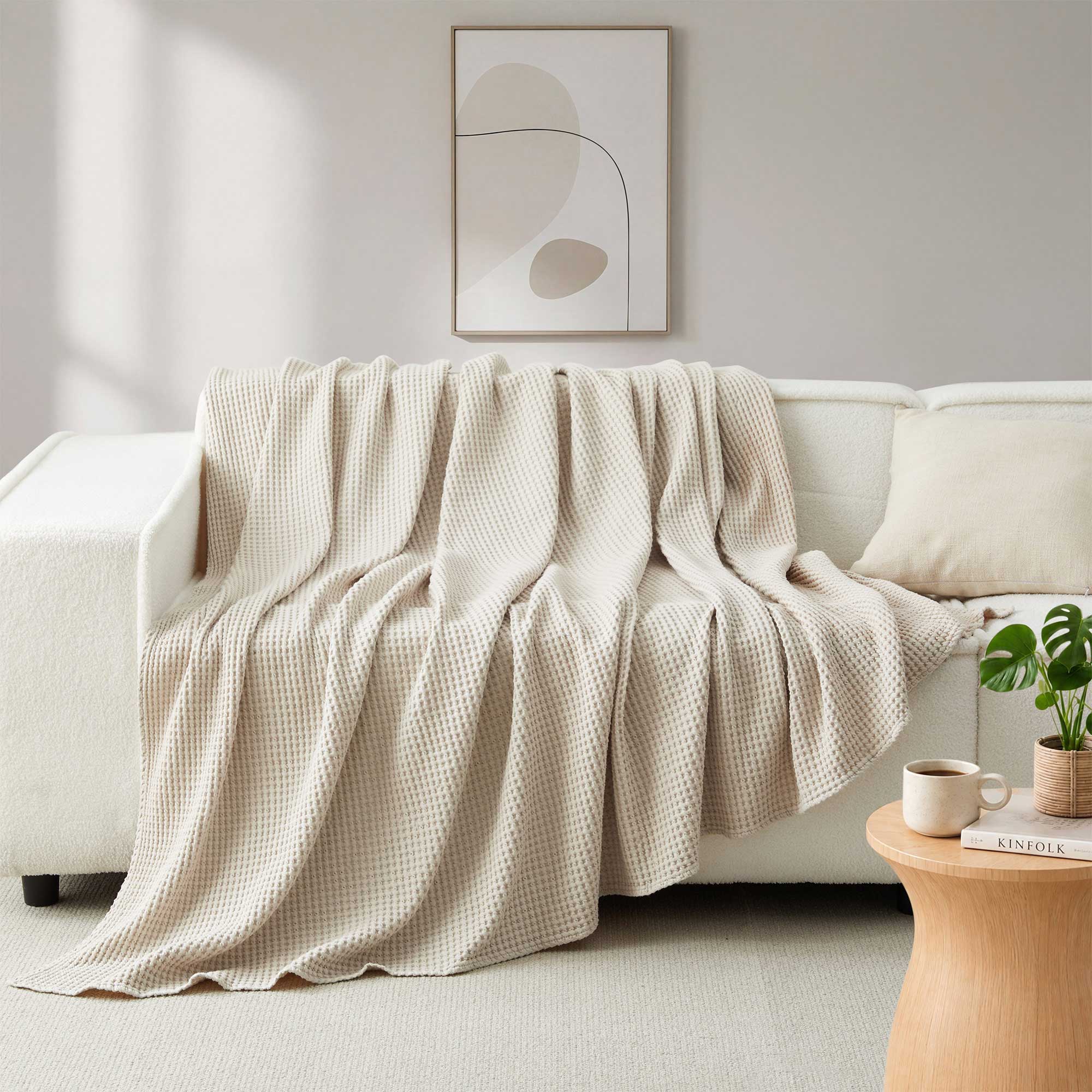 Angle. Peace Nest - Peace Nest 100% Egyptian Cotton Waffle Textured Throw Blanket, Cream, King - Cream.
