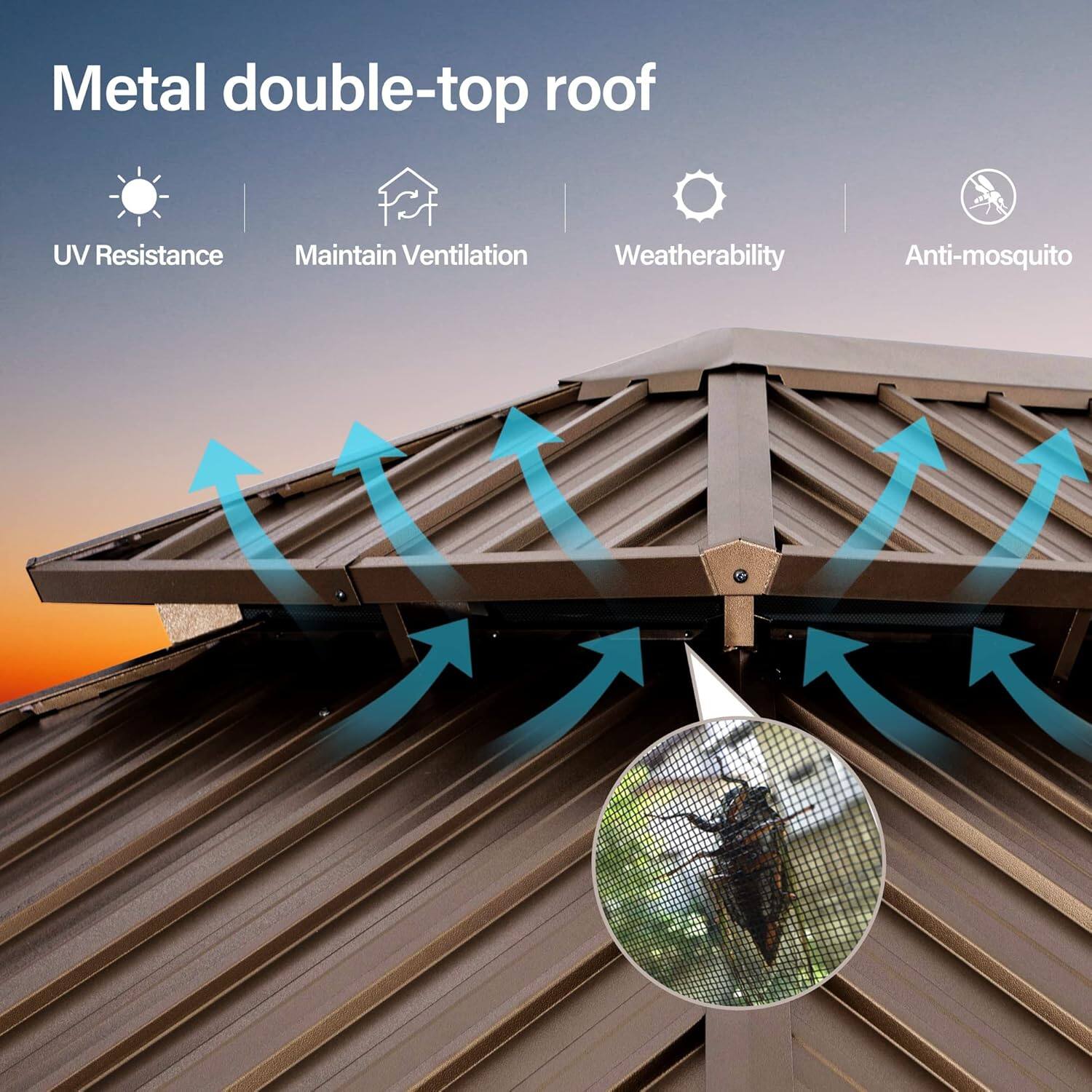 Metal double-top roof

- UV Resistance
- Maintain Ventilation
- Weatherability
- Anti-mosquito