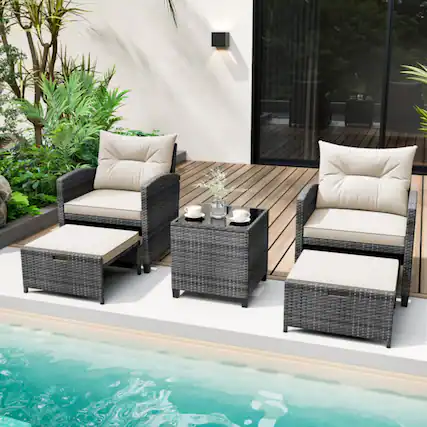 Front. Mondawe - 26 x 25.5 x 30 IN Freestanding Patio Rattan Set with 2 Chairs, 2 Ottomans & Table 5-Piece - White+Mix Gray.