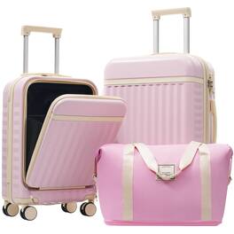BreeBe - 3-Piece Front-Opening Hardshell Luggage Set, Carry-On Suitcases with USB Port, Expandable, Spinner Wheels, TSA Lock - Pink