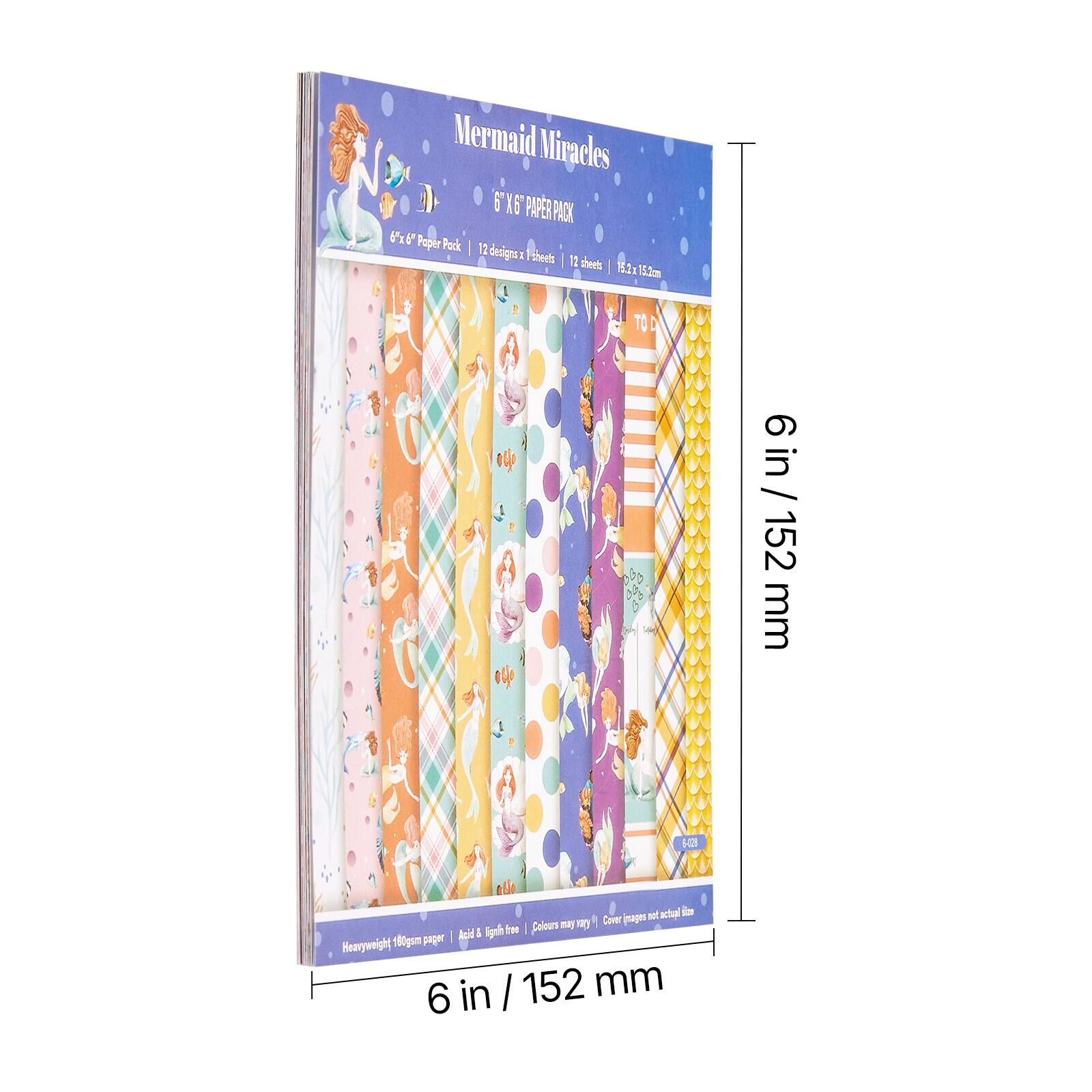 Mermaid Miracles 5" x 6" Paper Pack  
5 Paper Pack  
12 Designs x 1 Sheet  
12 Sheets  
15.2 x 15.5 cm  
6 in / 152 mm  
Heavyweight 100gsm paper | Acid & Lint free | Durable  
Cover Images may vary | Cover images not actual size