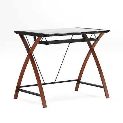 Front. Emma + Oliver - Glass Computer Desk-Pull-Out Keyboard Tray & Crisscross Frame - Clear Top/Cherry Frame.