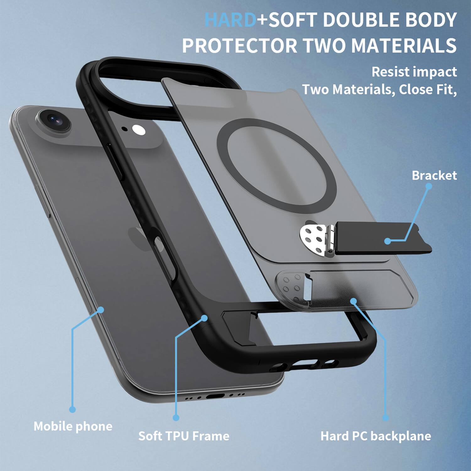 HARD+SOFT DOUBLE BODY PROTECTOR TWO MATERIALS  
Resist impact  
Two Materials, Close Fit,  
Bracket  
Mobile phone  
Soft TPU Frame  
Hard PC backplane