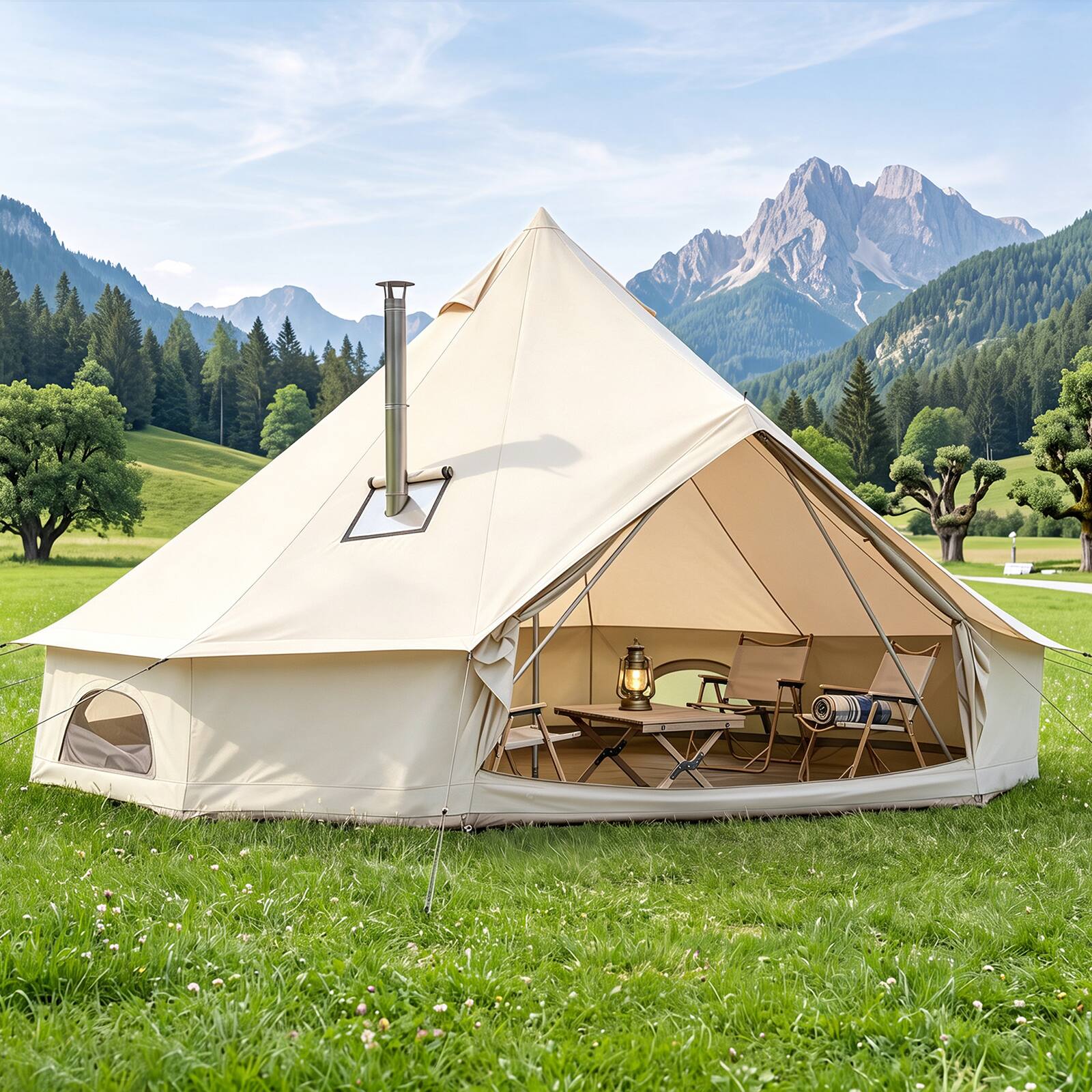 Alt View 1. Costway - Costway 16.7 ft Bell Tent with Stove Jack, Mesh Windows & Doors, Accommodates 6-8 Person - Beige.