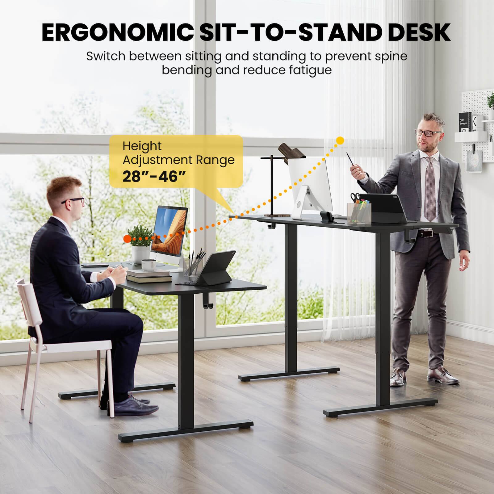 ERGONOMIC SIT-TO-STAND DESK  
Switch between sitting and standing to prevent spine bending and reduce fatigue  

Height Adjustment Range 28"–46"