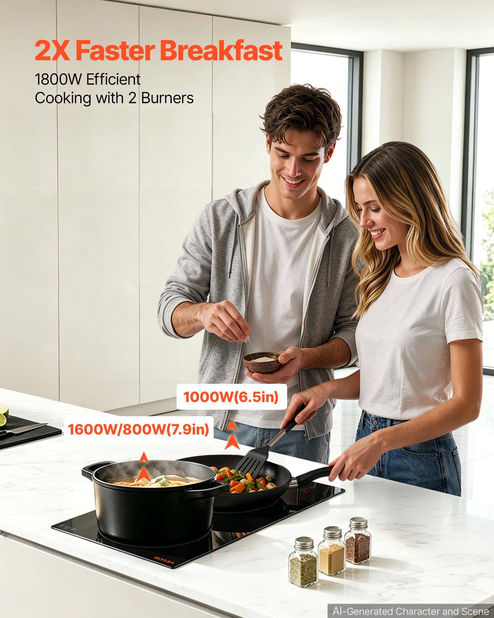 2X Faster Breakfast  
1800W Efficient Cooking with 2 Burners  
1000W (6.5in)  
1600W/800W (7.9in)  
FFF  
VEVOR  
AI-Generated Character and Scene