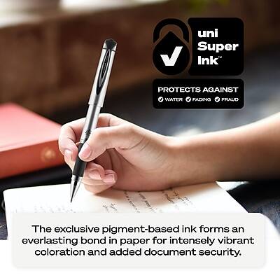 uni Super Ink™  
PROTECTS AGAINST  
WATER FADING  
FRAUD  

The exclusive pigment-based ink forms an everlasting bond in paper for intensely vibrant coloration and added document security.