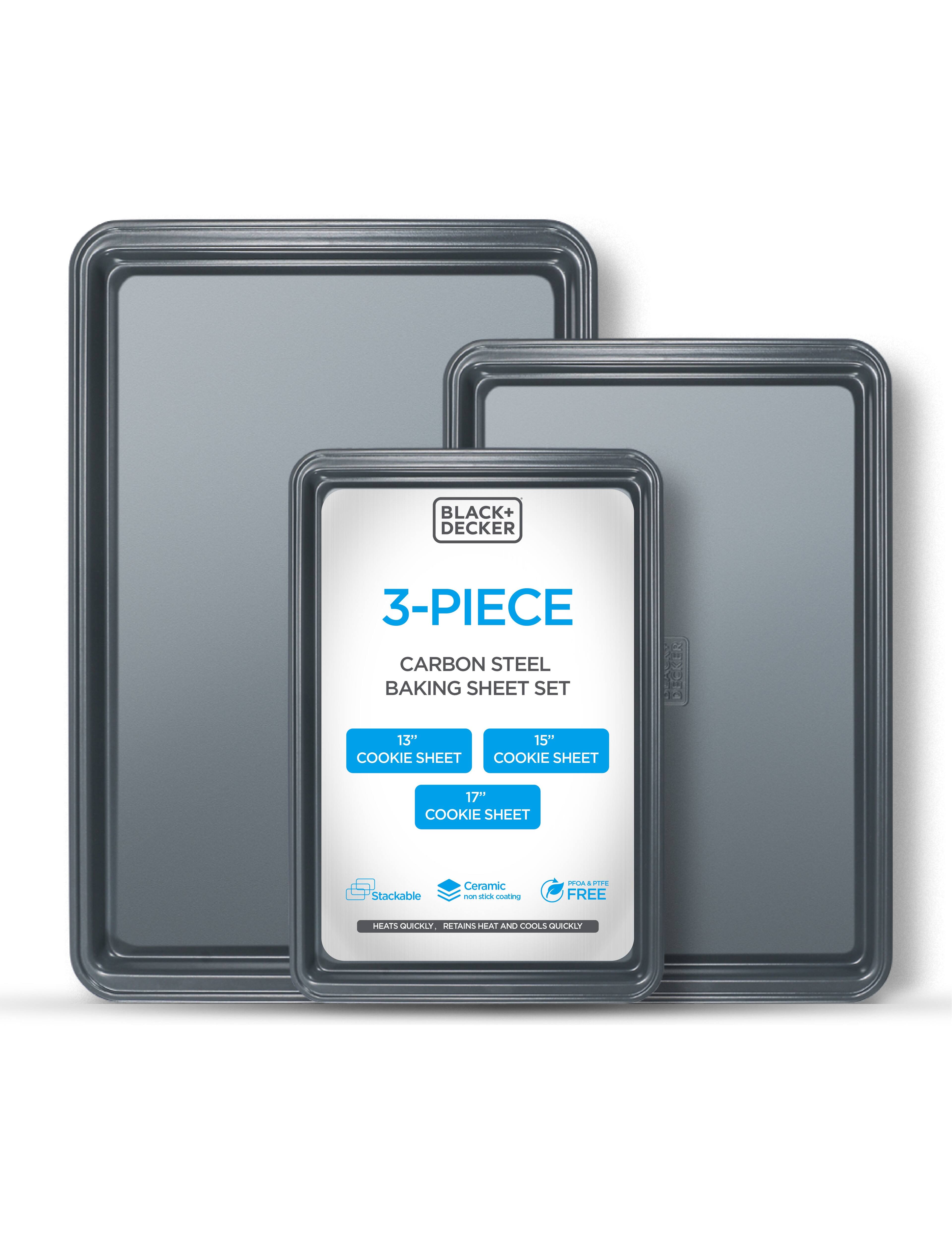 BLACK+ DECKER 3-PIECE CARBON STEEL BAKING SHEET SET 13" COOKIE SHEET 15" COOKIE SHEET 17" COOKIE SHEET Stackable Ceramic - non stick cooling SCM + .... FREE HEATS QUICKLY RETAINS HEAT AND COOLS QUICKLY