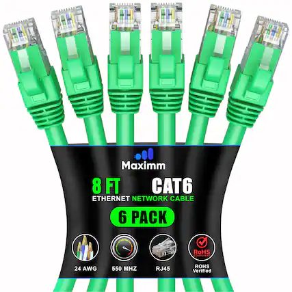 Maxim 8 FT CAT6 Ethernet Network Cable 6 Pack
RoHS Compliant
24 AWG
550 MHz
RJ45
RoHS Verified