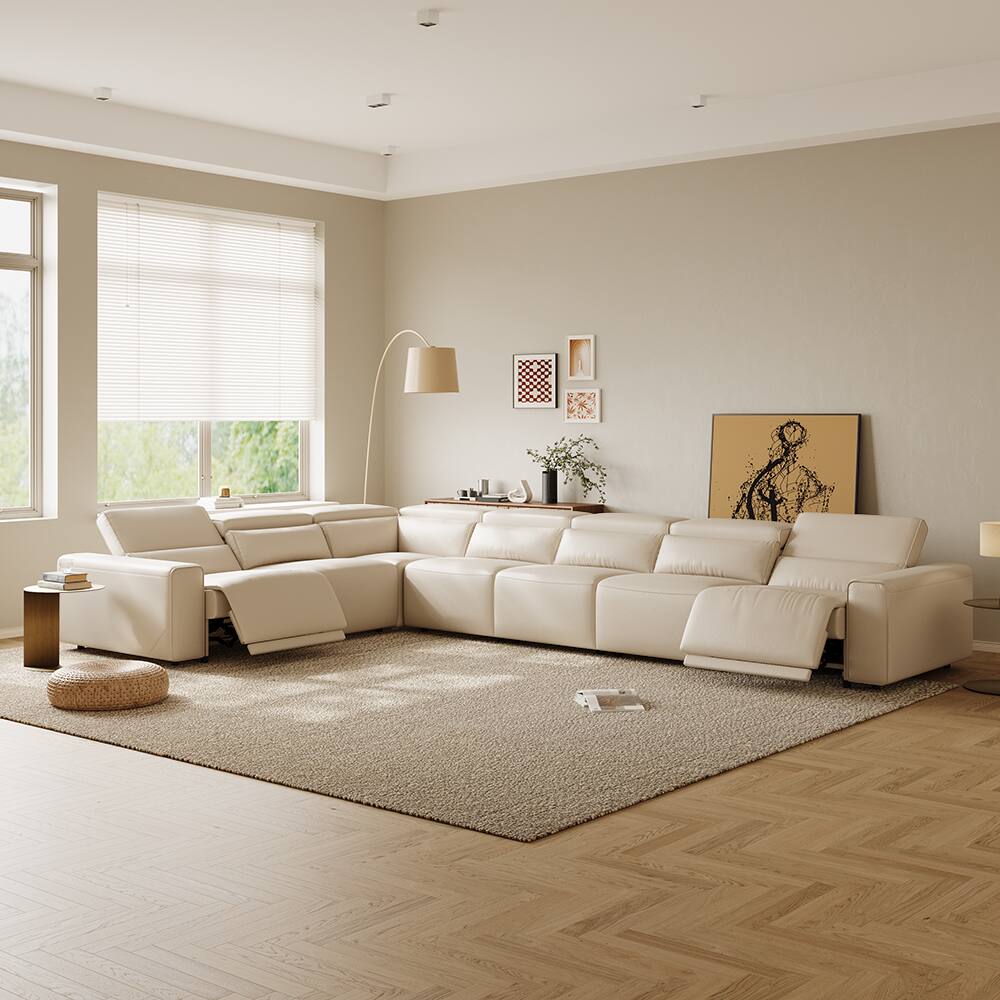 Angle. POVISON - 171" Modern L-shaped Power Reclining Extendable Sofa,  Dual- charging, 2 Deep Seat 90°-145° Recline, ,Waterproof, Black - Beige Sustainable Leather.