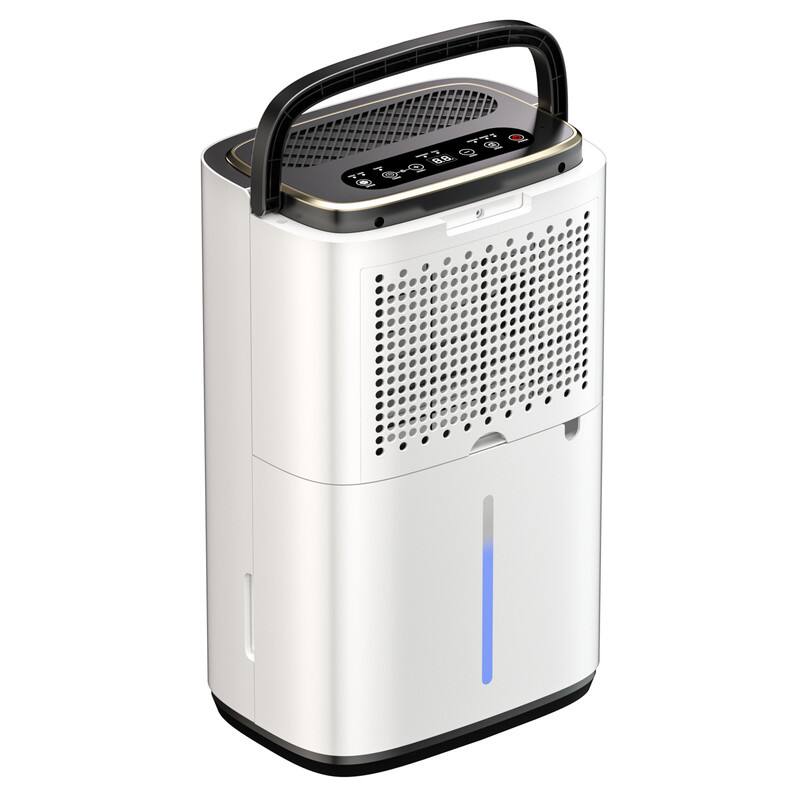 Angle. Edendirect - 50 pt. 4500 sq. ft. Portable Dehumidifier in White, with Bucket, Drain Hose, Continuous Run, 24H Timer, Child Lock, 40dB.