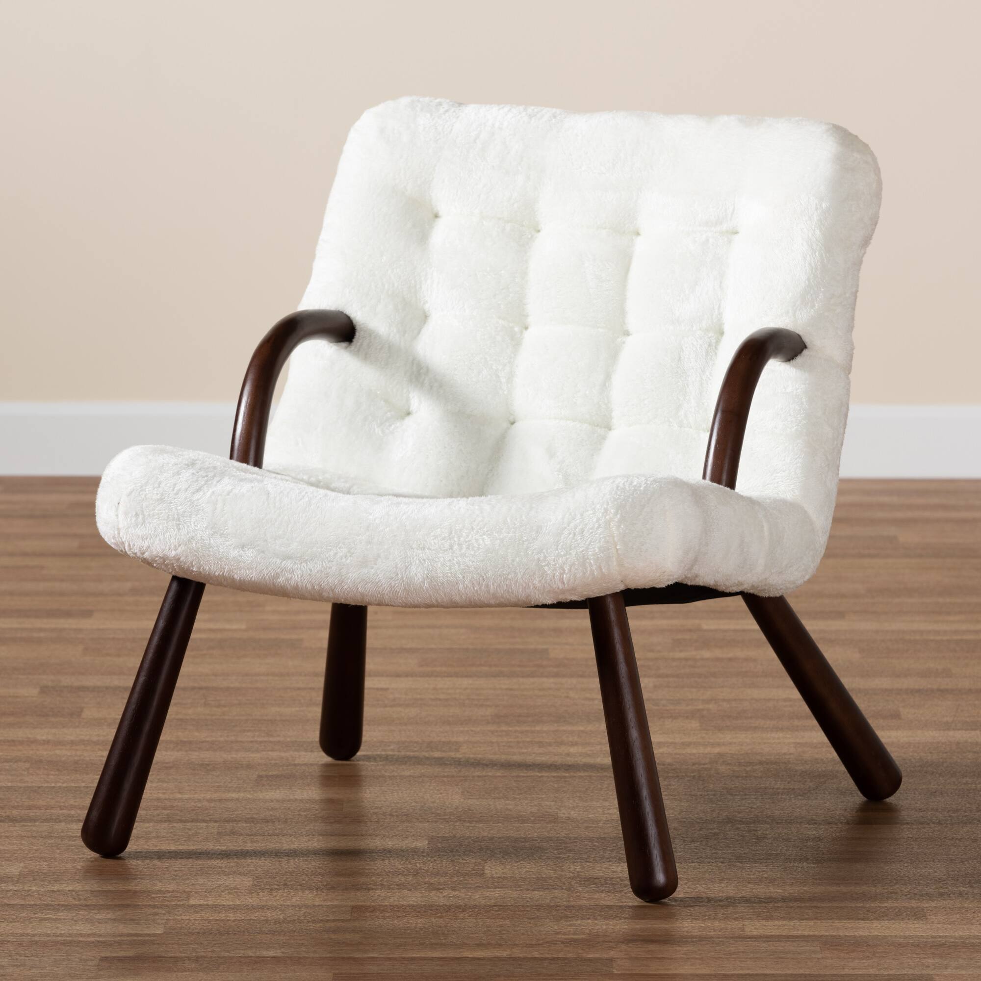 Alt View 5. Baxton Studio - Eisa Modern and Contemporary Sherpa Upholstered and Walnut Finished Wood Accent Chair - White/Walnut Brown.