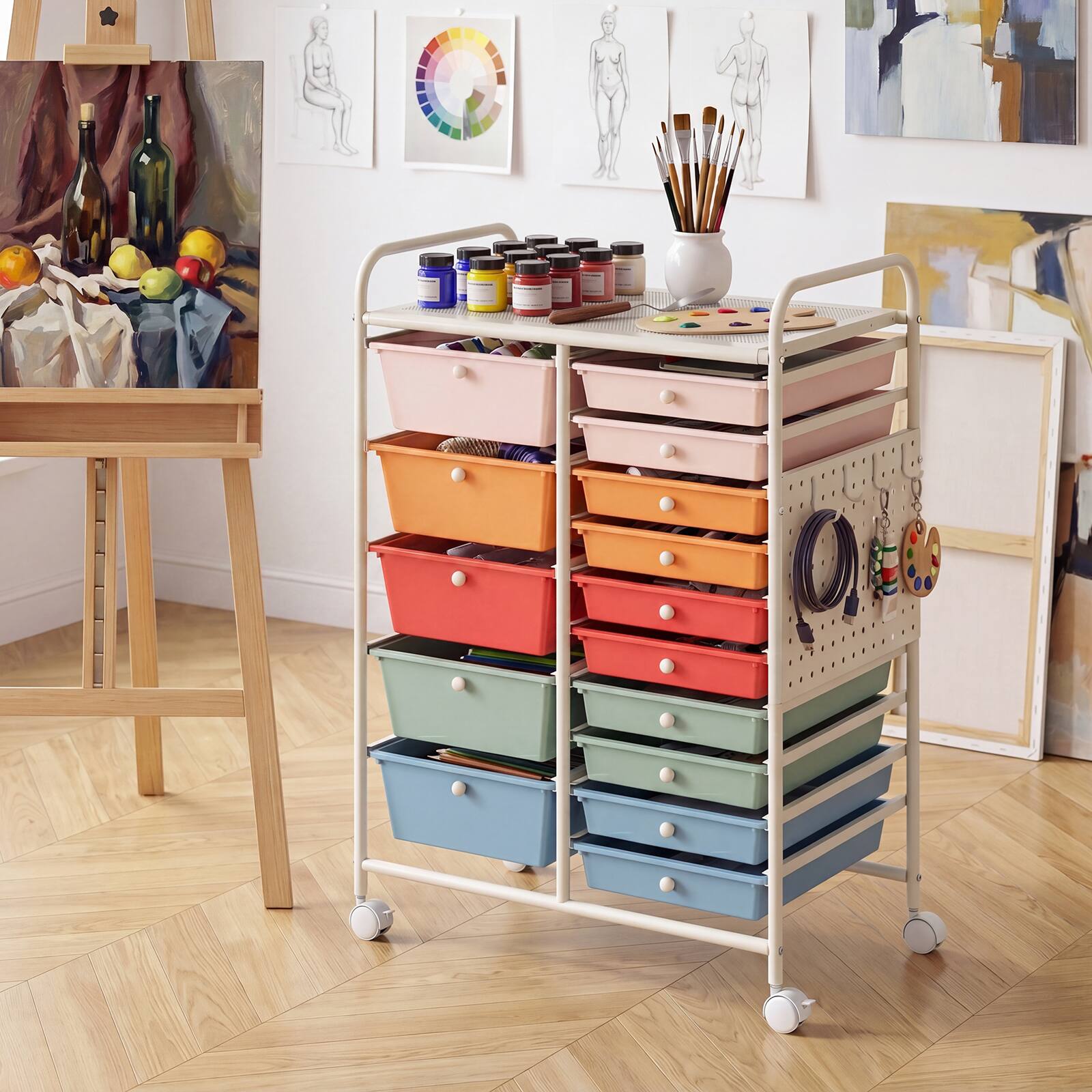 Alt View 1. Costway - Costway 15-Drawer Rolling Cart with Pegboard, Mobile Utility Organizer on Wheels with 2 Brakes - Macaron+White.
