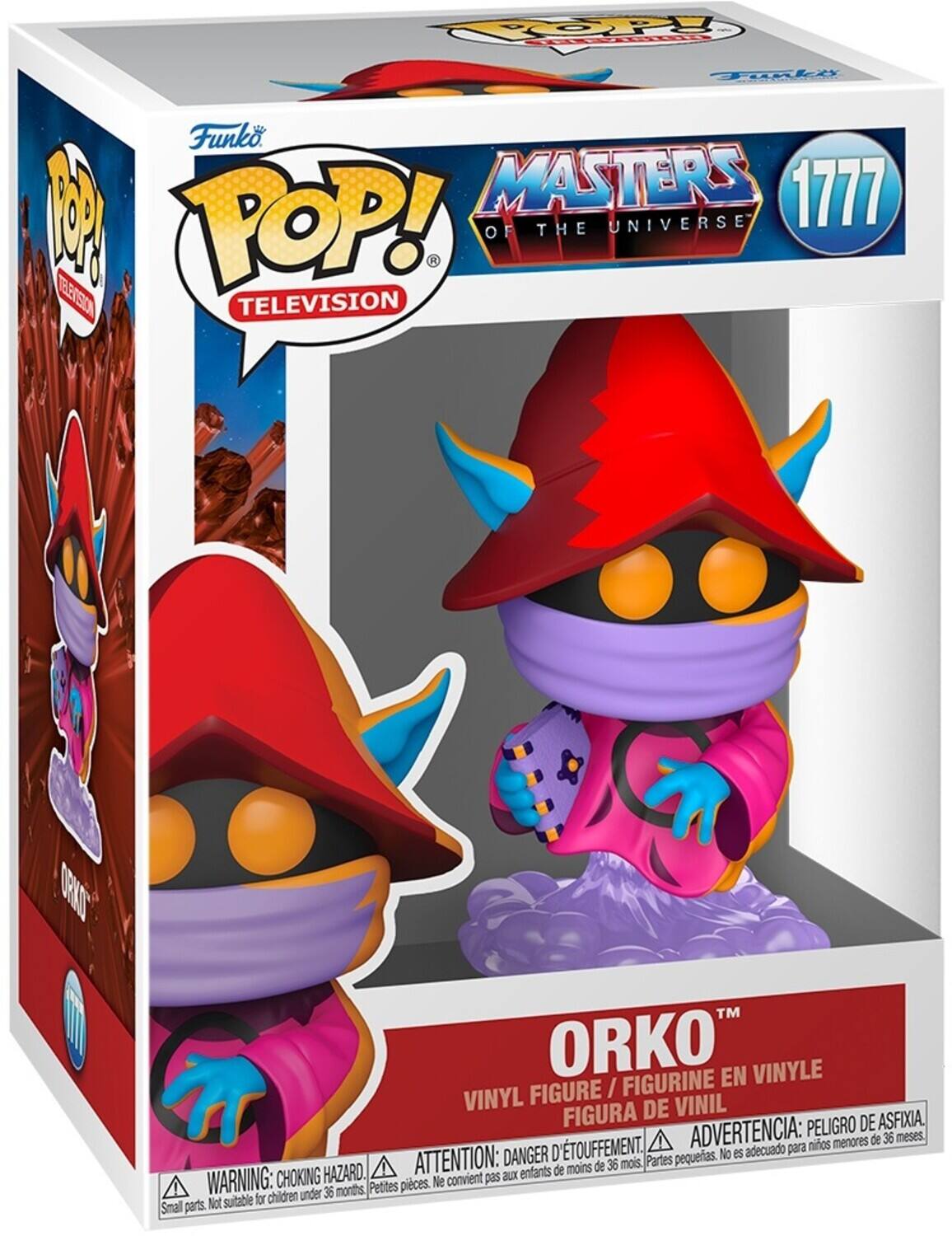 Funko POP! Television  
Masters of the Universe  
1777  
Orko  

Vinyl Figure / Figurine en Vinyle / Figura de Vinil  

Warning: Choking Hazard. Small parts. Not suitable for children under 36 months.  
Advertencia: Peligro de asfixia. Piezas pequeñas. No es adecuado para niños menores de 36 meses.  
Attention: Danger d'étouffement. Petites pièces. Ne convient pas aux enfants de moins de 36 mois.