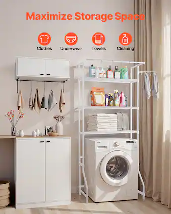 VEVOR Over Washer and Dryer Storage Shelf,3 Tiers Laundry Room Drying Rack,Hanger Rod and Hooks, Single Row Adjustable Shelves White
