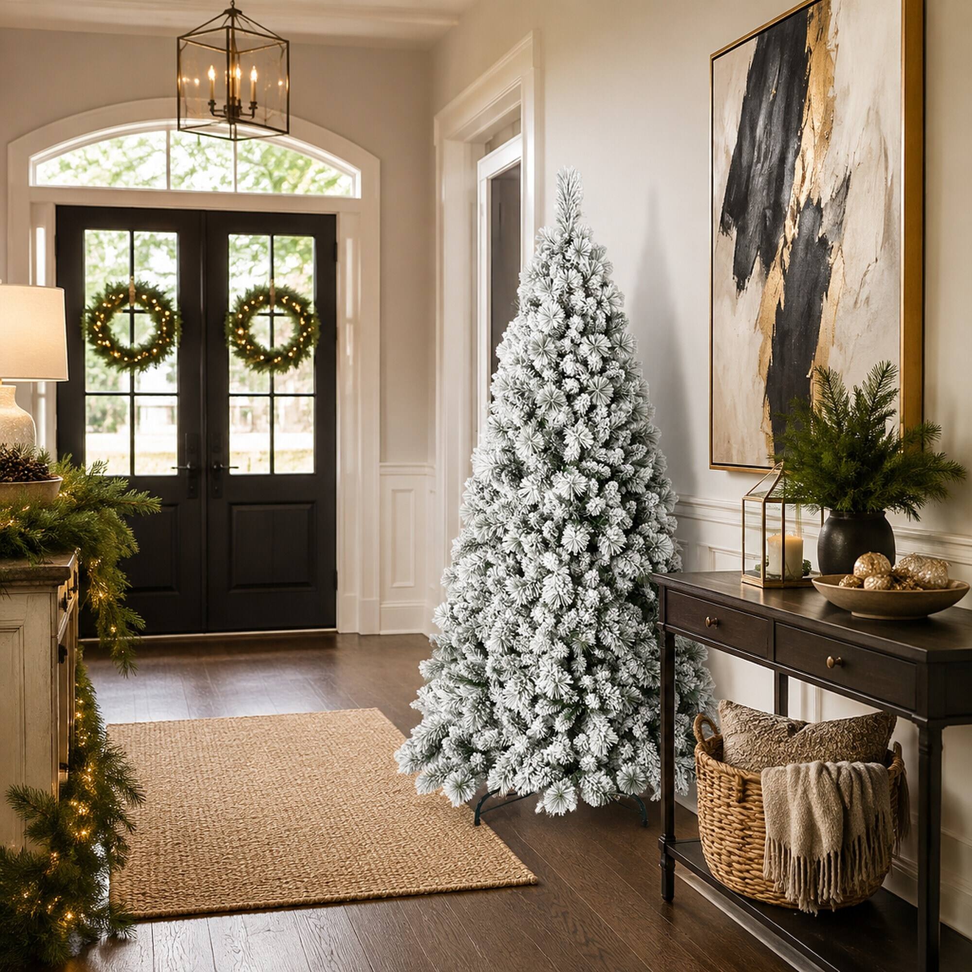 Alt View 2. RYHNUYNE - 4FT Flocked Christmas Tree, 350 Snowy PVC Hard Needle Branches Hinged Design Easy Setup Stable Metal Stand - Green,White.