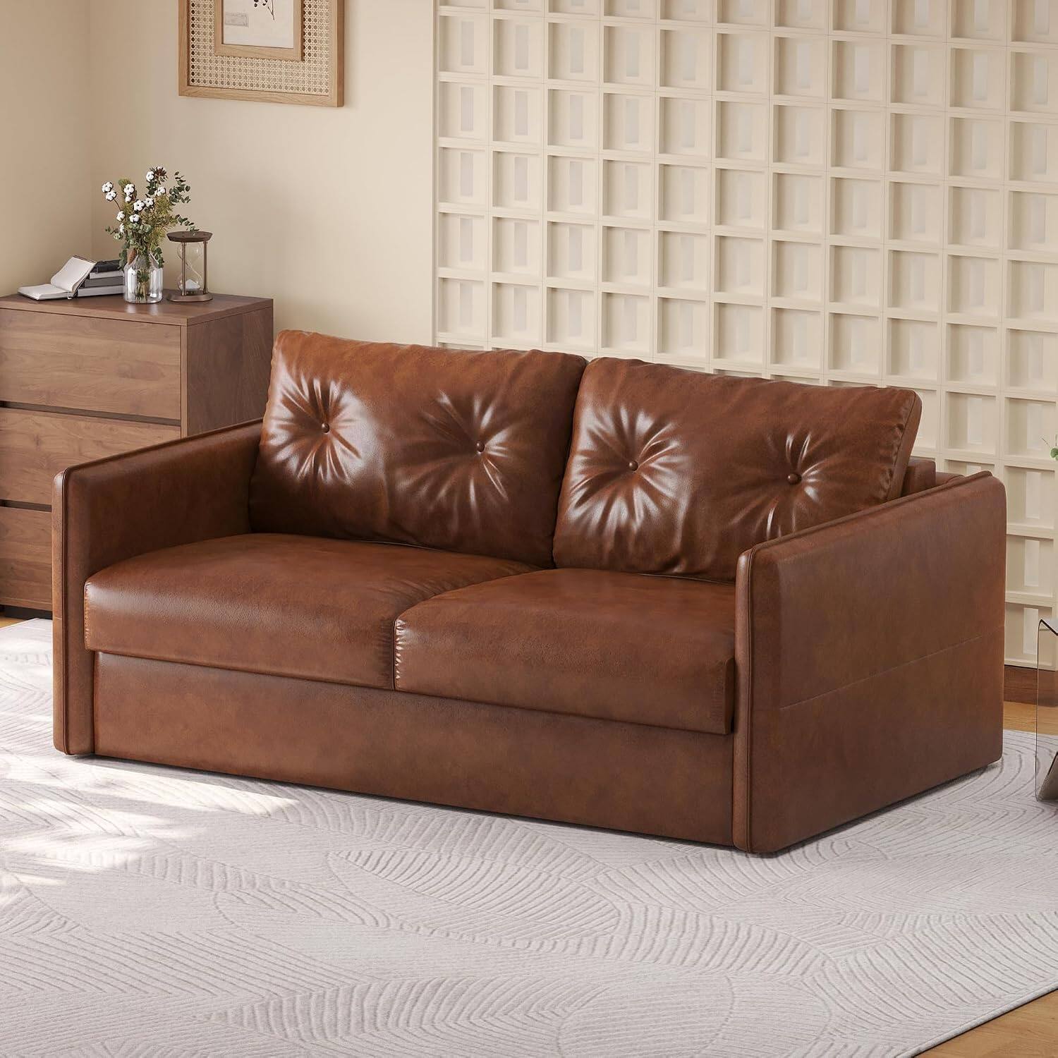 Back. luck idea - 63" Convertible Sofa Bed, Pull-Out Loveseat with Mattress, Brown PU Leather Couch, Deep Seat Cushion & Metal Frame for R - BROWN.