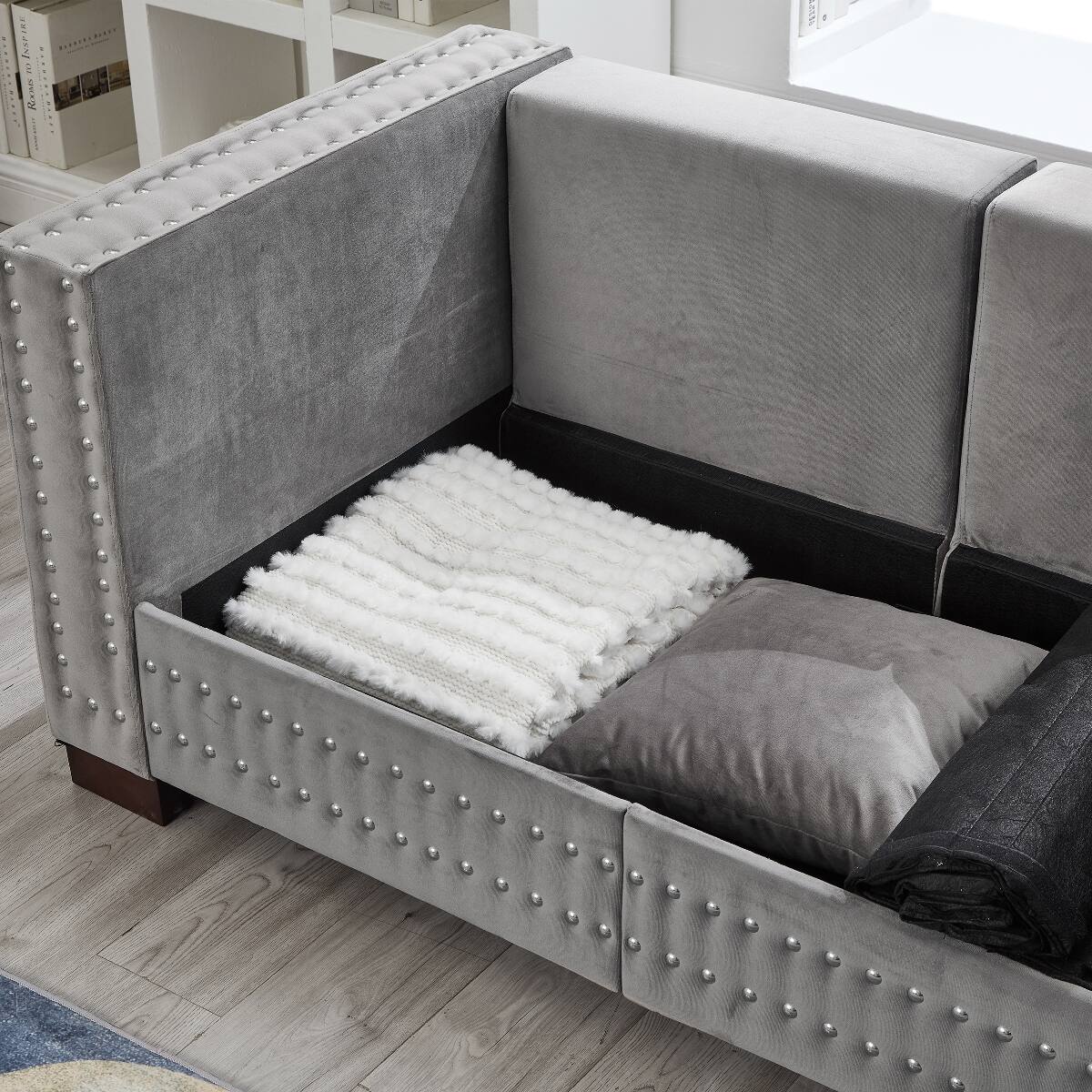 Alt View 3. Ropilly - Ropilly Grey Velvet Sofa with Square Arms, 3 Seat Living Room Sofa with Silver Nailhead Trim and Storage - Grey.