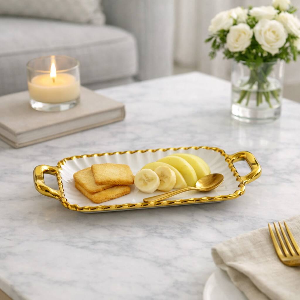Angle. Jiallo - 10" Ceramic Platter plus Handle wtih Gold Edge - White.