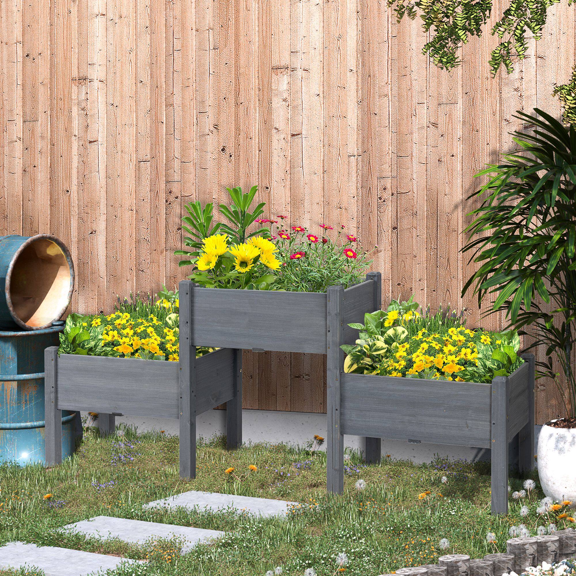 Alt View 1. Outsunny - Raised Garden Bed with 3 Planter Box, Elevated Wooden Plant Stand with Drainage Holes - Grey.