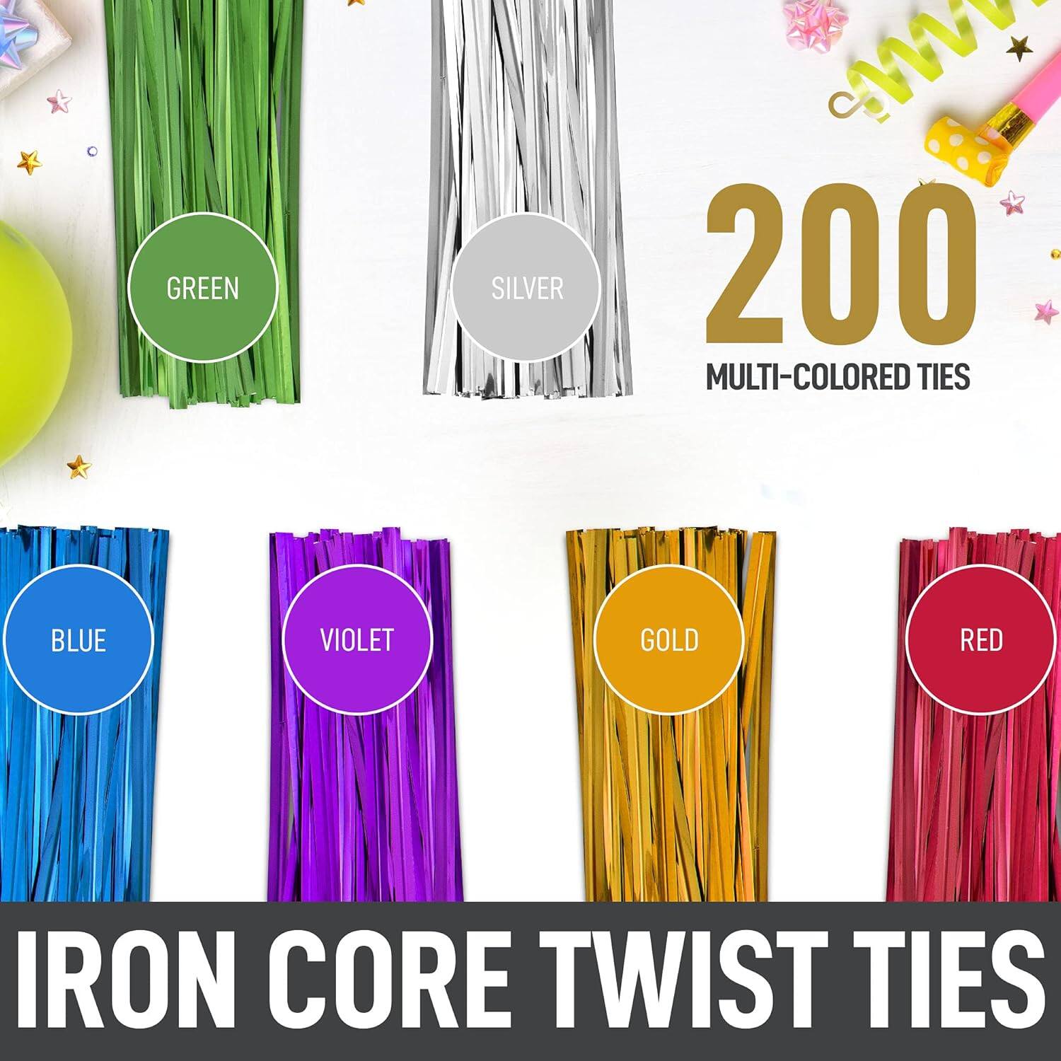 GREEN SILVER SW 200 MULTI-COLORED TIES BLUE VIOLET GOLD RED IRON CORE TWIST TIES