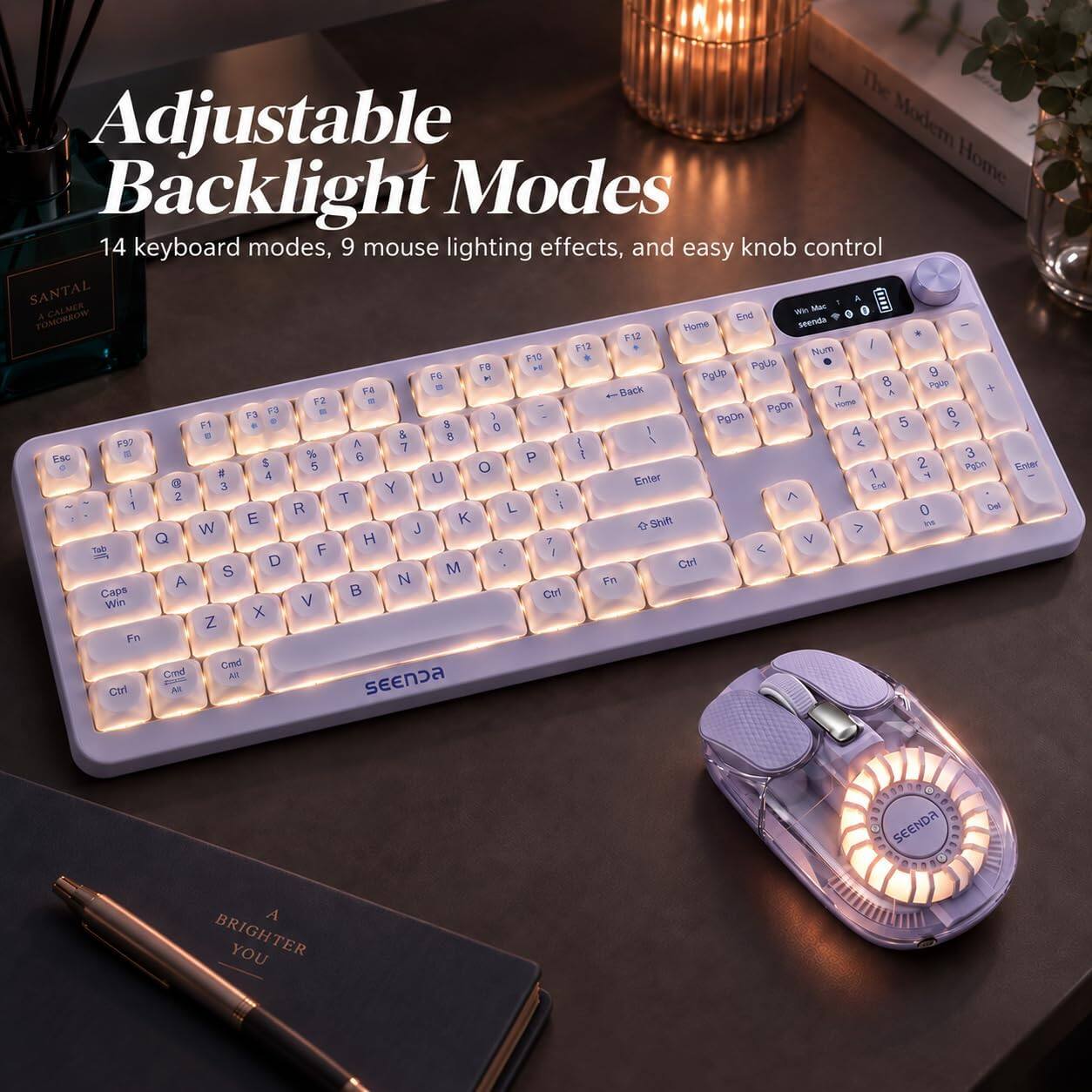 Adjustable Modern Home Backlight Modes

14 keyboard modes, 9 mouse lighting effects, and easy knob control

SANTAL CALMER

Wh Mac A WORROMOT A

End Home seenda

F12 F12 / F10 Num FB 14 PgUp 9 F6 K Pgup 8 FA 19 Back 7 Pgup A F2

Home F3 F3 3 PgOn 6 F1 8 0 PgDn 5 ^ & 8 4 F97 A 7

Esc % 6 P i 3 $ 5 O 2 PgOn Enter 4 U Enter 1 3 Y End ! 2 T 1 R L i 0 Del E K Shift es W J > Q H 7 V F / D M Ctrl S N A Fn Caps

Ctrl Win V X Z Fn Cmd Cmd AR SEENDA

Ctrl Alt

A BRIGHTER YOU

SEENDA