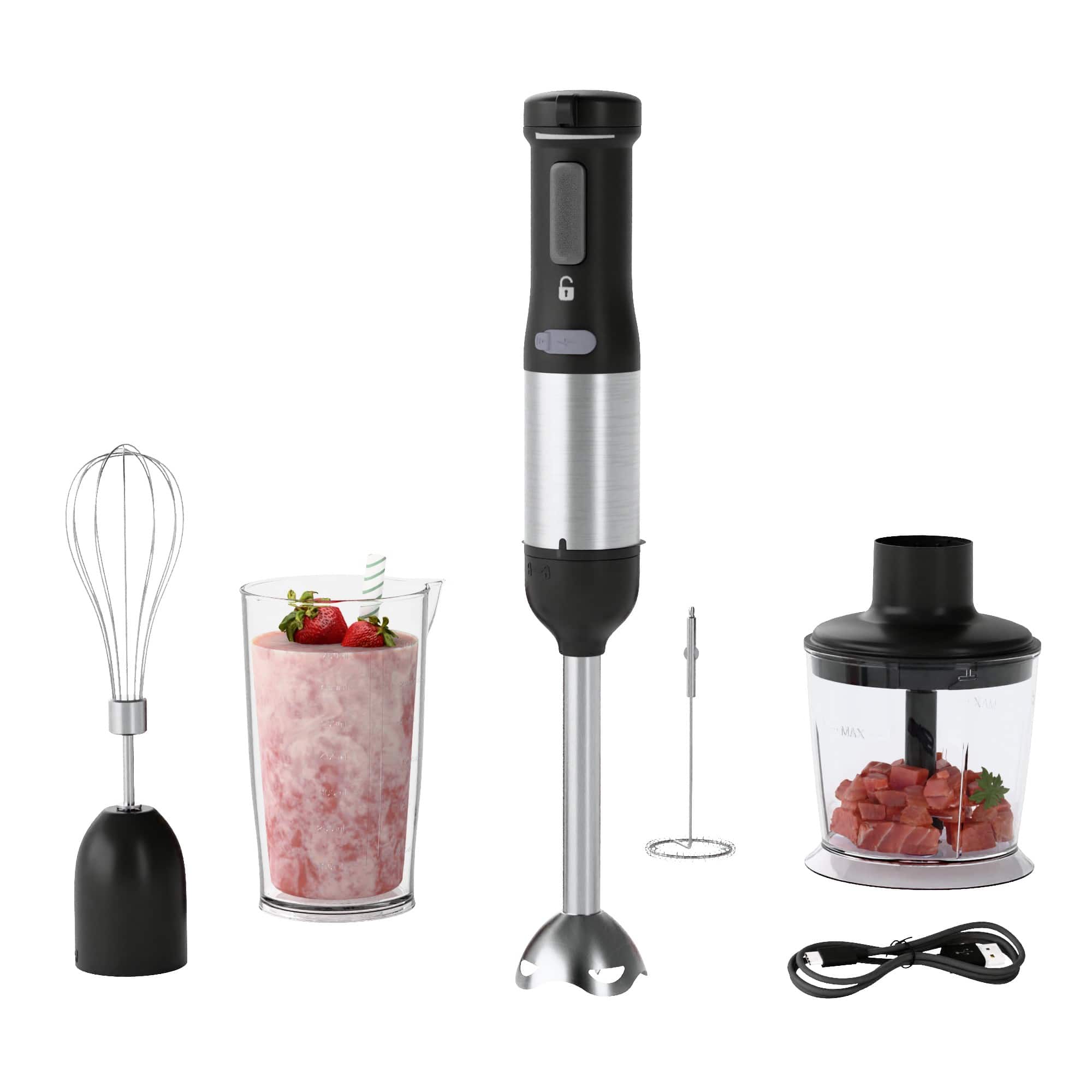 Whuto - Cordless Immersion Hand Blender, 5-in-1 Variable Speed blender handheld,Grey - Black
