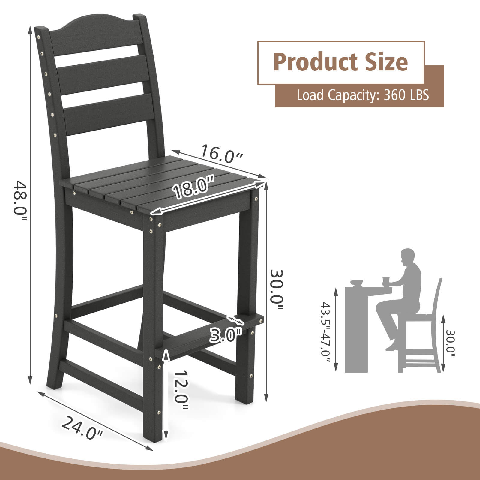 Product Size: 48.0" 0" 16.0" 18.0" 24.0" 12.0" 3.0" 30.0" 43.5"-47.0 0" 30.0"

Load Capacity: 360 LBS