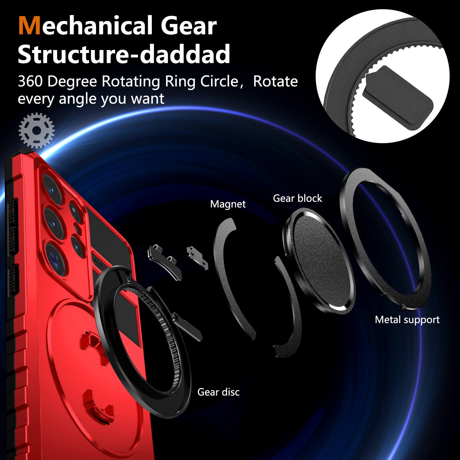 Mechanical Gear Structure-daddad  
360 Degree Rotating Ring Circle, Rotate every angle you want  

- Magnet  
- Gear block  
- Metal support  
- Gear disc
