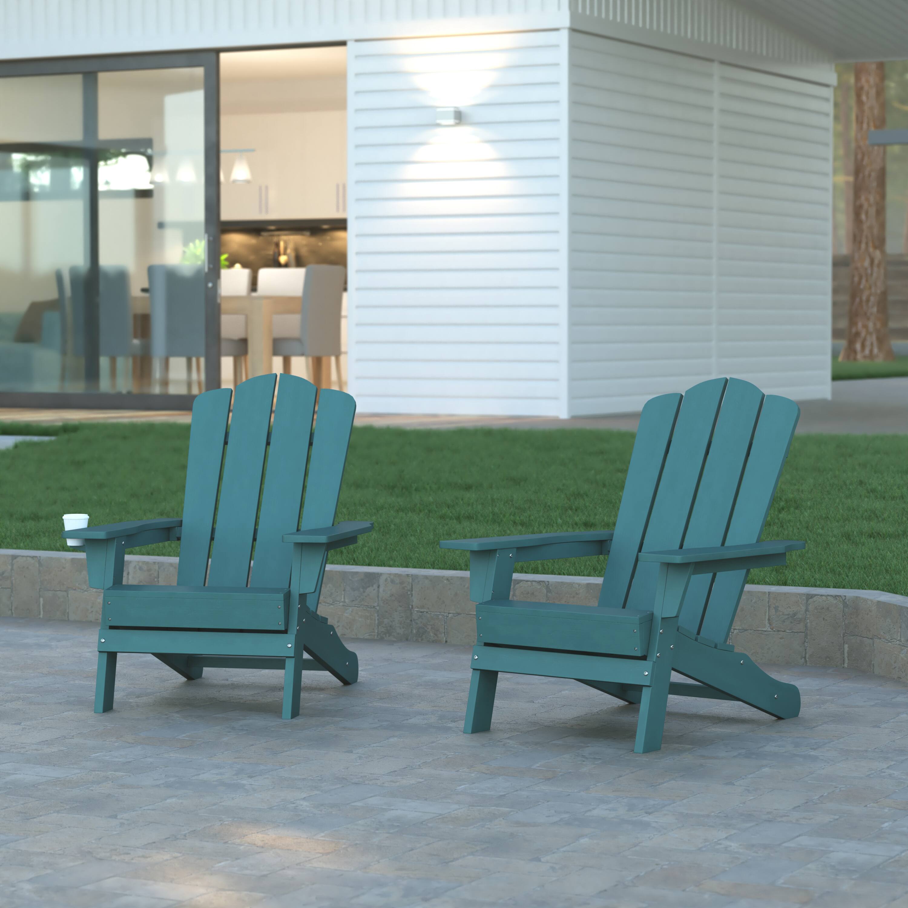 Alt View 2. Emma + Oliver - Tiverton Set of 2 Adirondack Chairs with Cup Holders, Weather Resistant HDPE Adirondack Chairs - Blue.