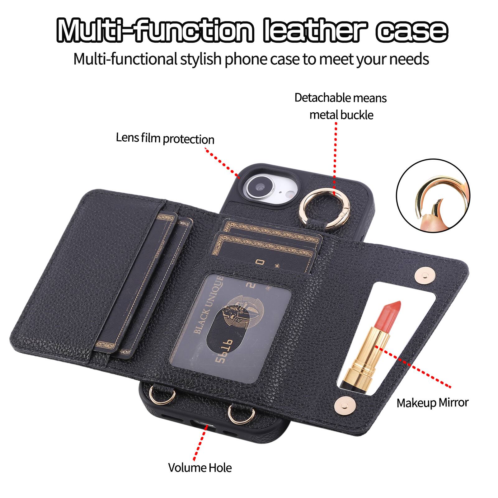 Multi-function leather case  
Multi-functional stylish phone case to meet your needs  
Detachable means metal buckle  
Lens film protection  
MP2 UNIQUE BLACK 2PTP - r *  
Makeup Mirror  
Volume Hole