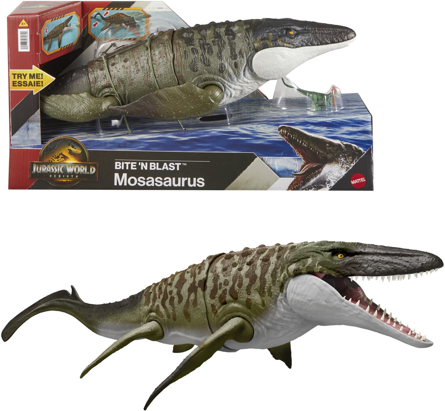 TRY ME!  
ESSAIE!  

JURASSIC WORLD  
REBIRTH  

BITE 'N BLAST™  
Mosasaurus  

MATTEL