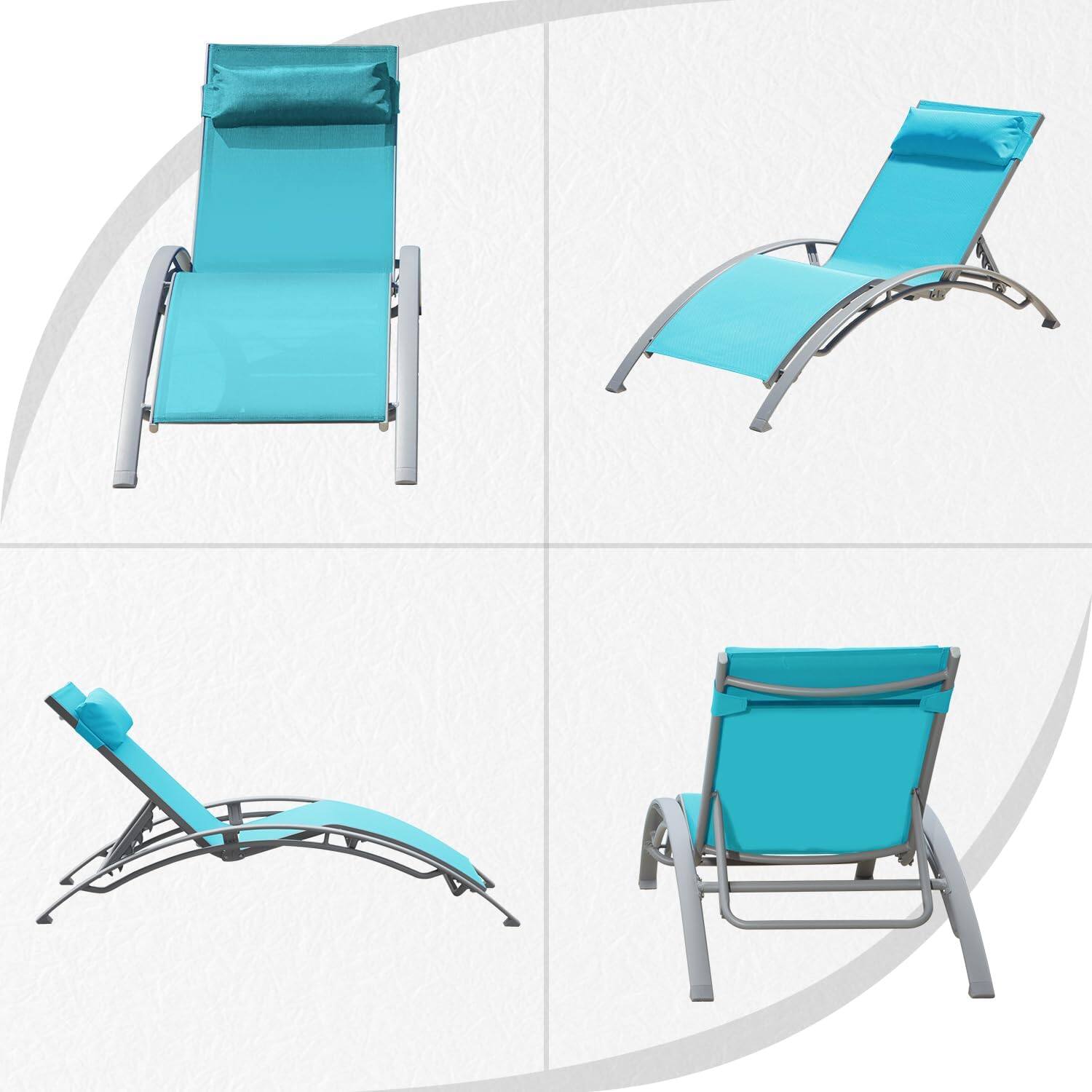Alt View 1. Ecooso - Set of 2 Outdoor Aluminum Chaise Lounges with 5-Position Adjustable Backrest, Stackable Design, and Detachable Pillow - Lake Blue.