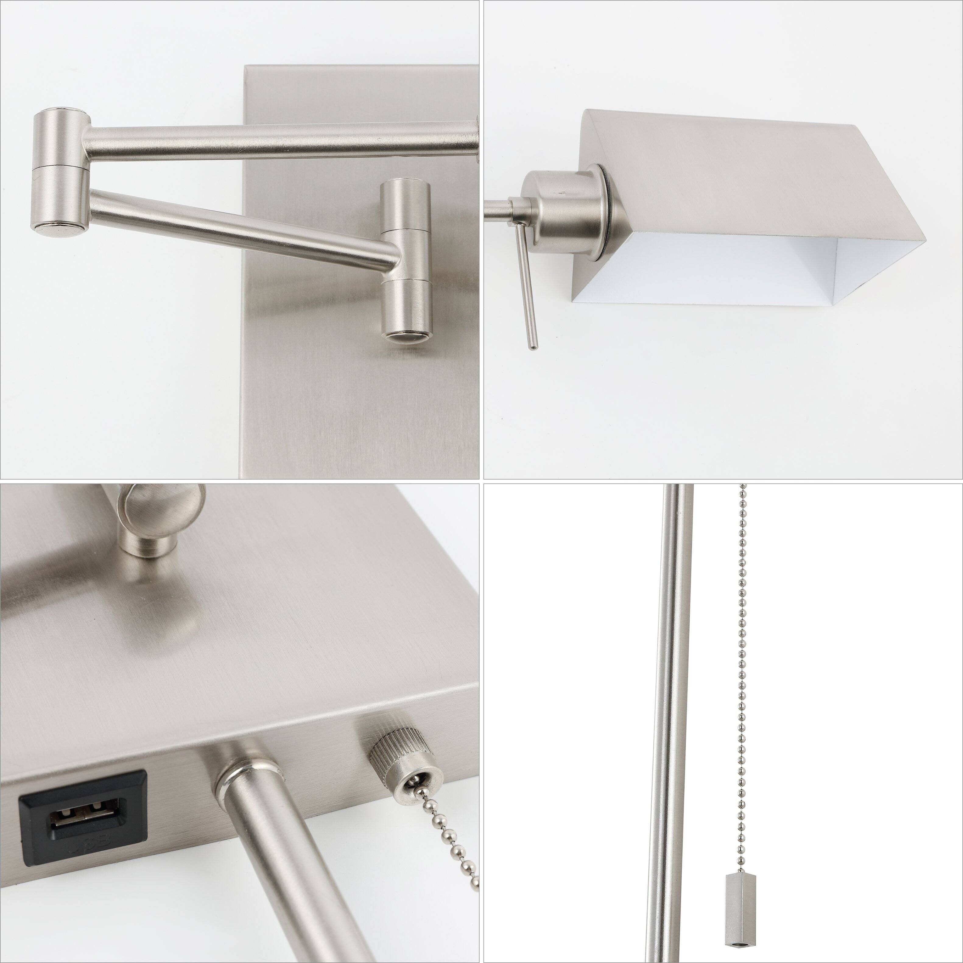 Alt View 5. Jonathan Y - Arlo 22" Single Swing Arm Plug-In or Hardwired Iron LED Wall Sconce with Pull-Chain USB Charging Port, Nickel - Nickel.