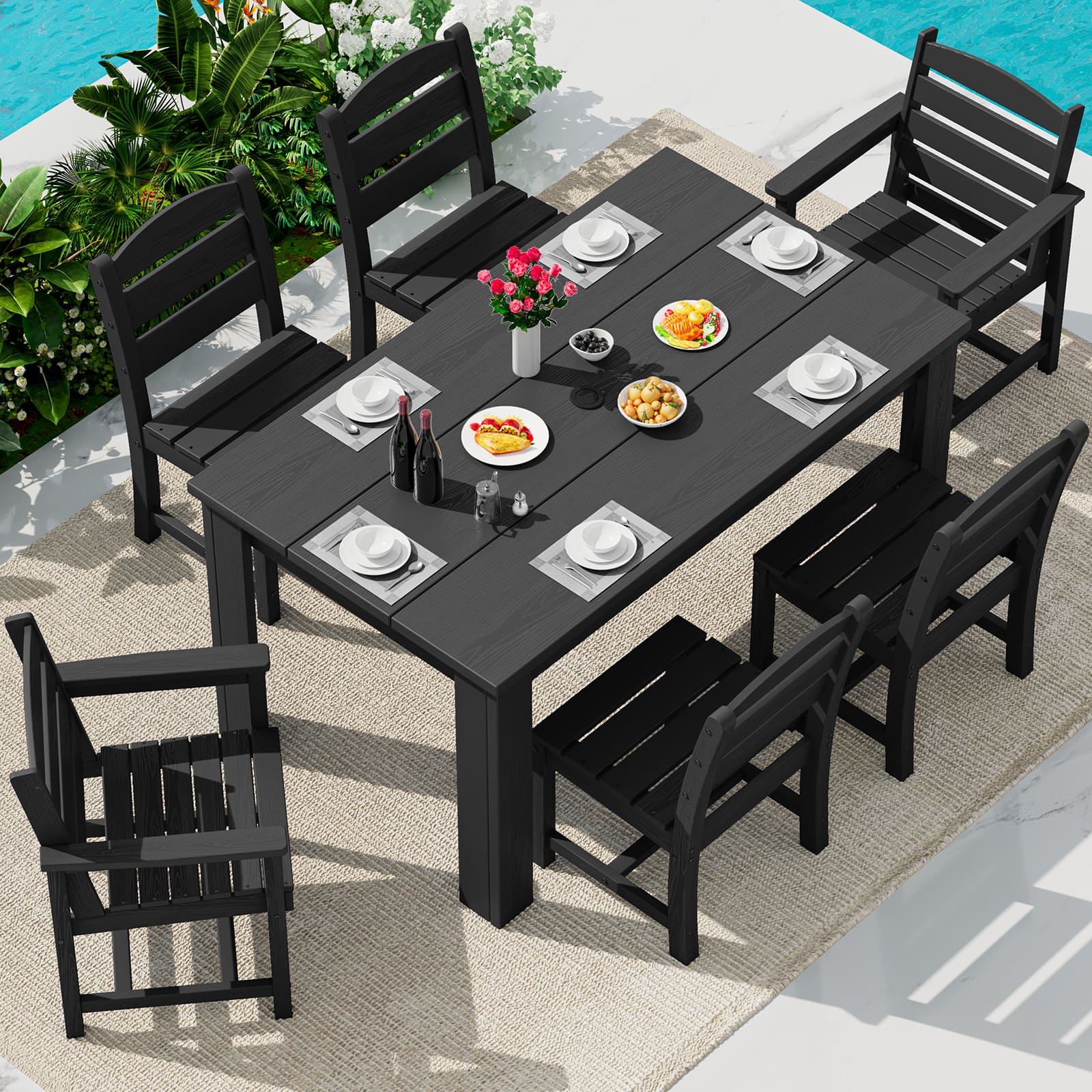SERWALL - Outdoor Dining Set for 6, With 1 Table & 6 Dining Chairs, All Weather HDPE Dining Sets for Patio, Garden, Backyard - Black