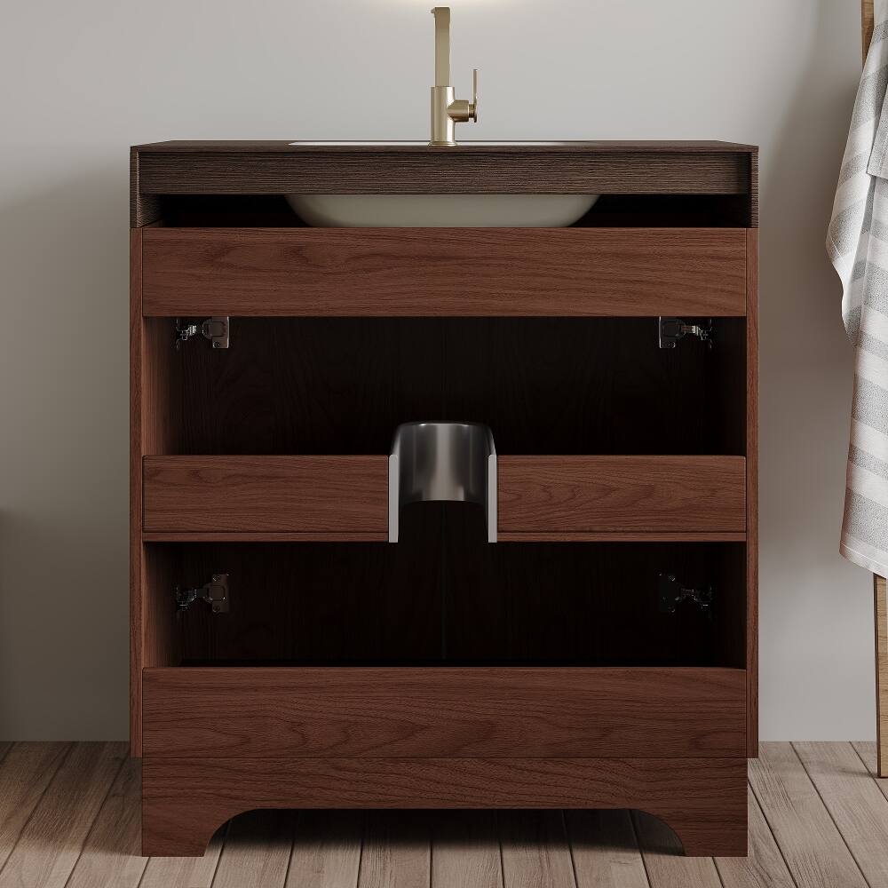 Alt View 4. Loheer - Loheer 30 inch freestanding bathroom vanity sintered stone countertop walnut plywood bathroom cabinet - Walnut.