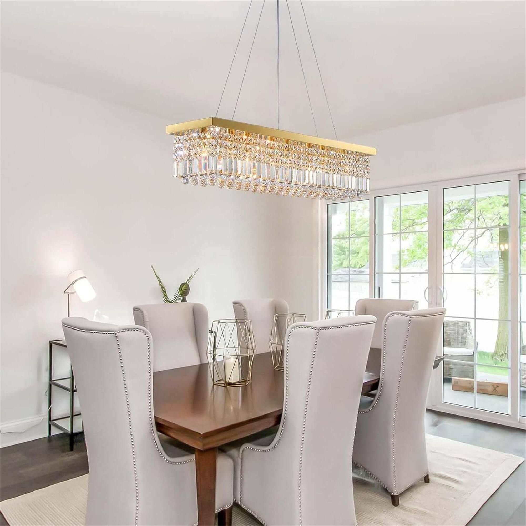 Left. Siljoy - 8-Light Gold Crystal Chandelier, Rectangular Flush Mount for Dining/Living Room & Kitchen Island - Gold.