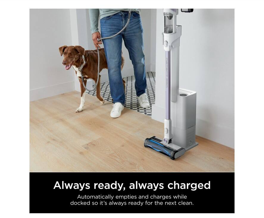 Always ready, always charged  
Automatically empties and charges while docked so it's always ready for the next clean.