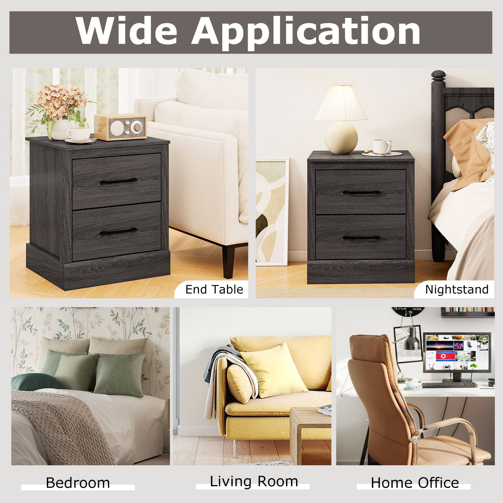 The text can be grouped and corrected as follows:

- **Wide Application**
  - **End Table**
  - **Nightstand**
  - **Bedroom**
  - **Living Room**
  - **Home Office**