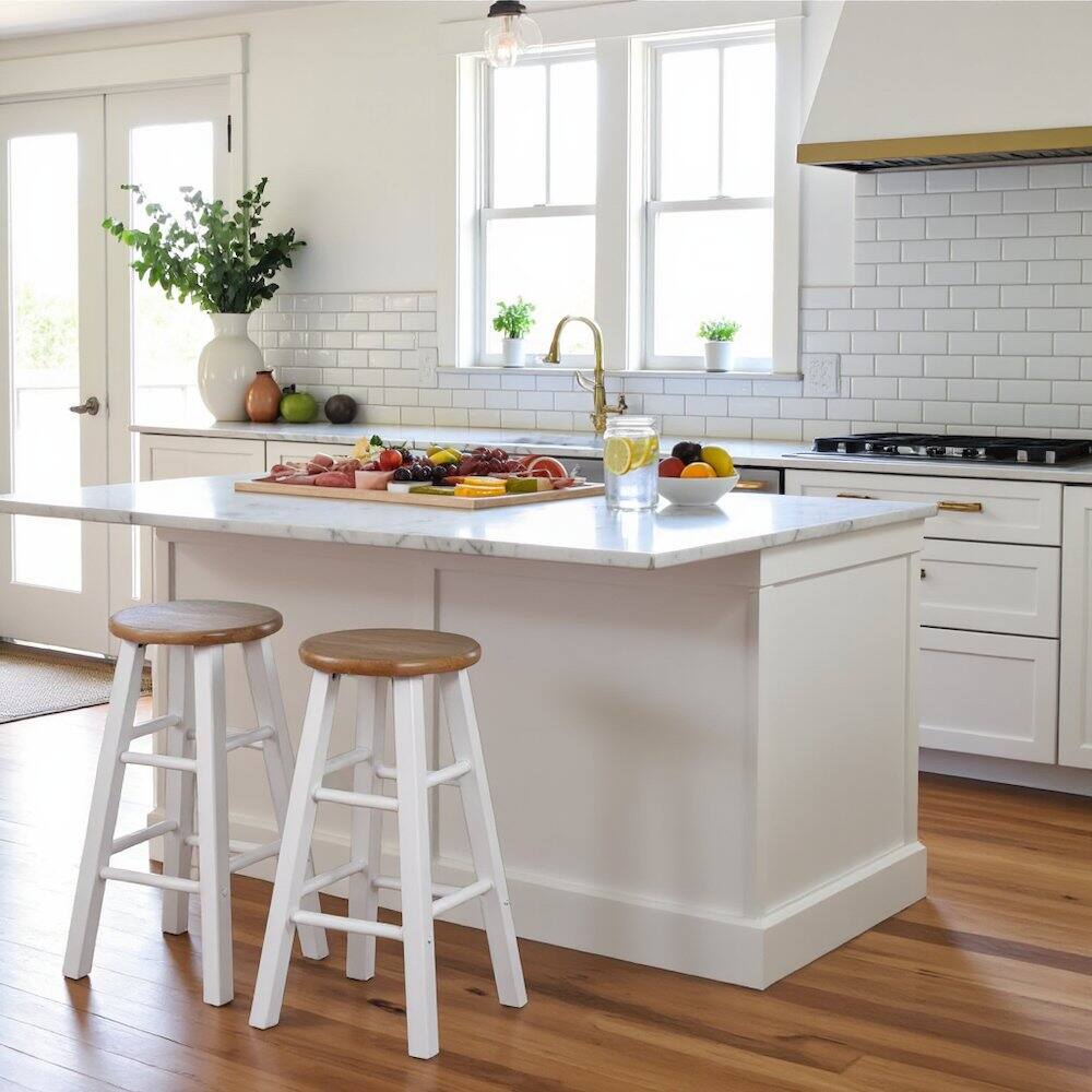 Alt View 2. FurniFact - Natural & White Solid Wood Kitchen Stools Set of 2 - Natural / White.