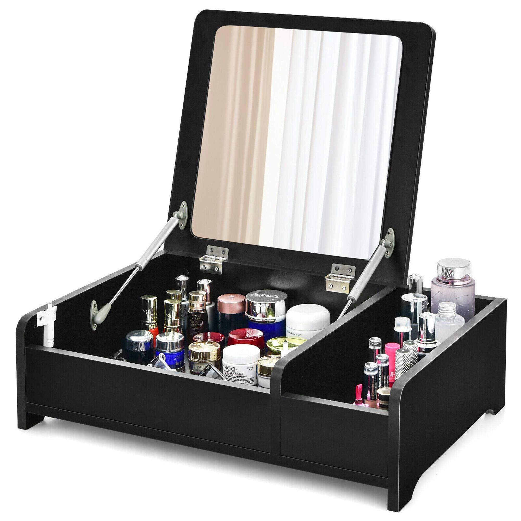 Front. Gymax - Gymax 2-in-1 Vanity Dresser w/ Flip-Top Mirror Tabletop Storage Box Makeup Laptop Black - Black.
