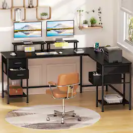 Furnulem - 66 Inch L-Shaped Computer Desk Gaming Desk with Power Outlet - Black