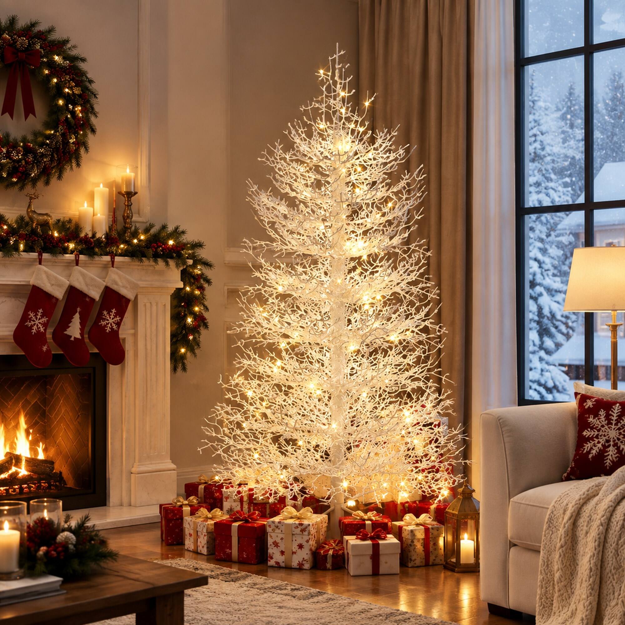 Left. RYHNUYNE - 4 Ft Artificial Christmas Tree With 230 Warm White LED Lights, 280 Tips Hinged Branches Decor - White.