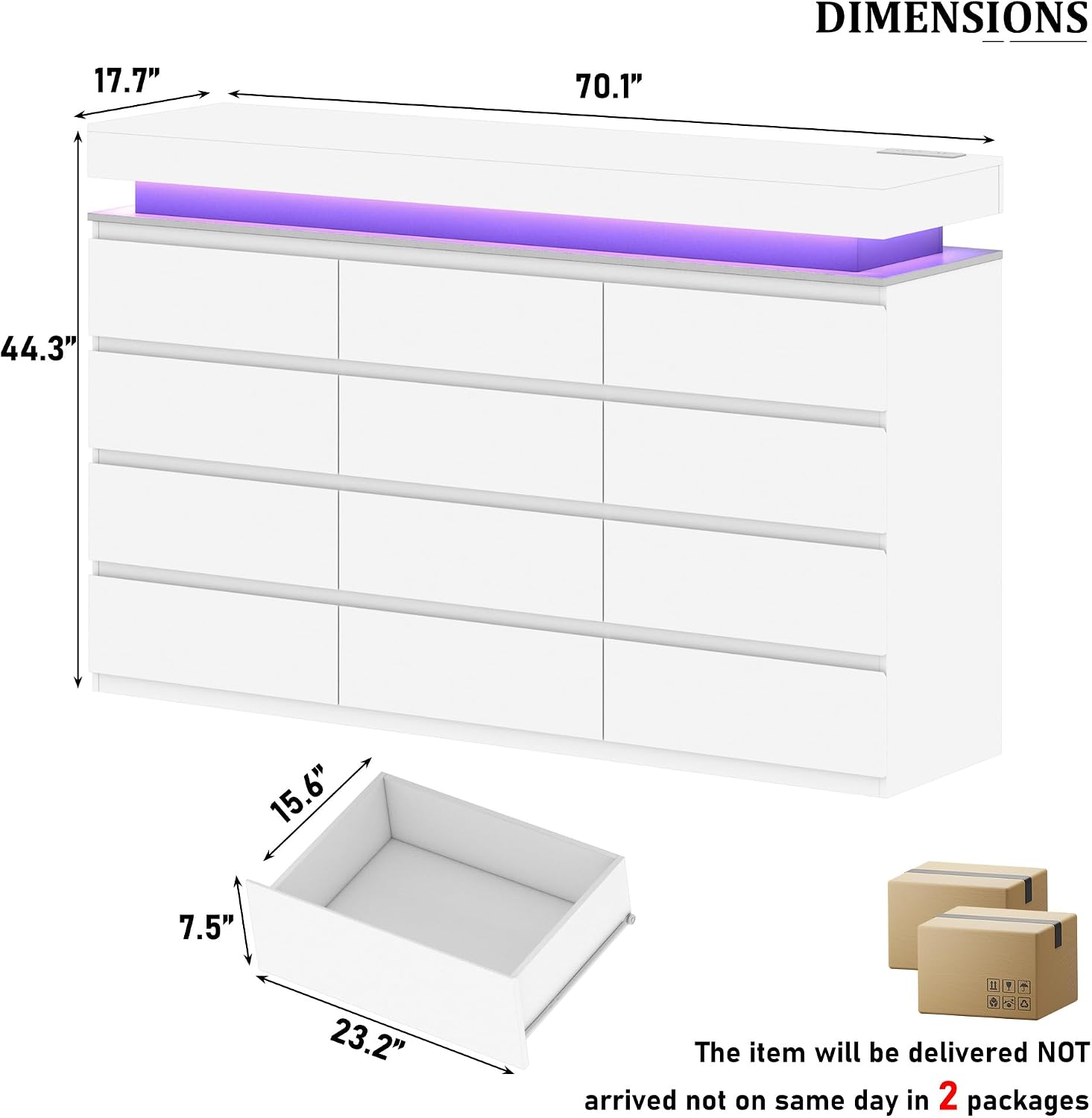 DIMENSIONS: 17.7" x 70.1" x 44.3" x 15.6" x 7.5" x 23.2"  
The item will be delivered NOT arrived not on same day in 2 packages
